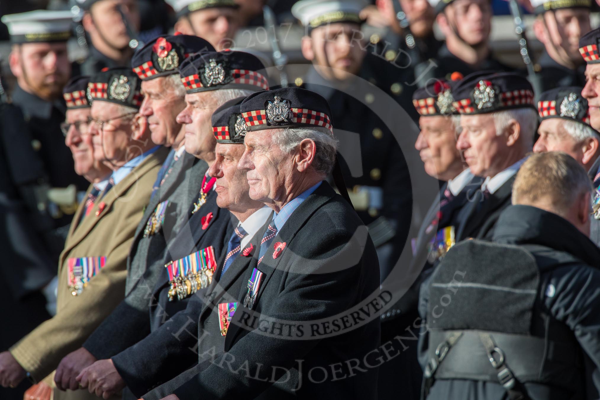 KOSB -The Kings Own Scottish Borderers Association (Group A9, 75 members) during the Royal British Legion March Past on Remembrance Sunday at the Cenotaph, Whitehall, Westminster, London, 11 November 2018, 11:57.