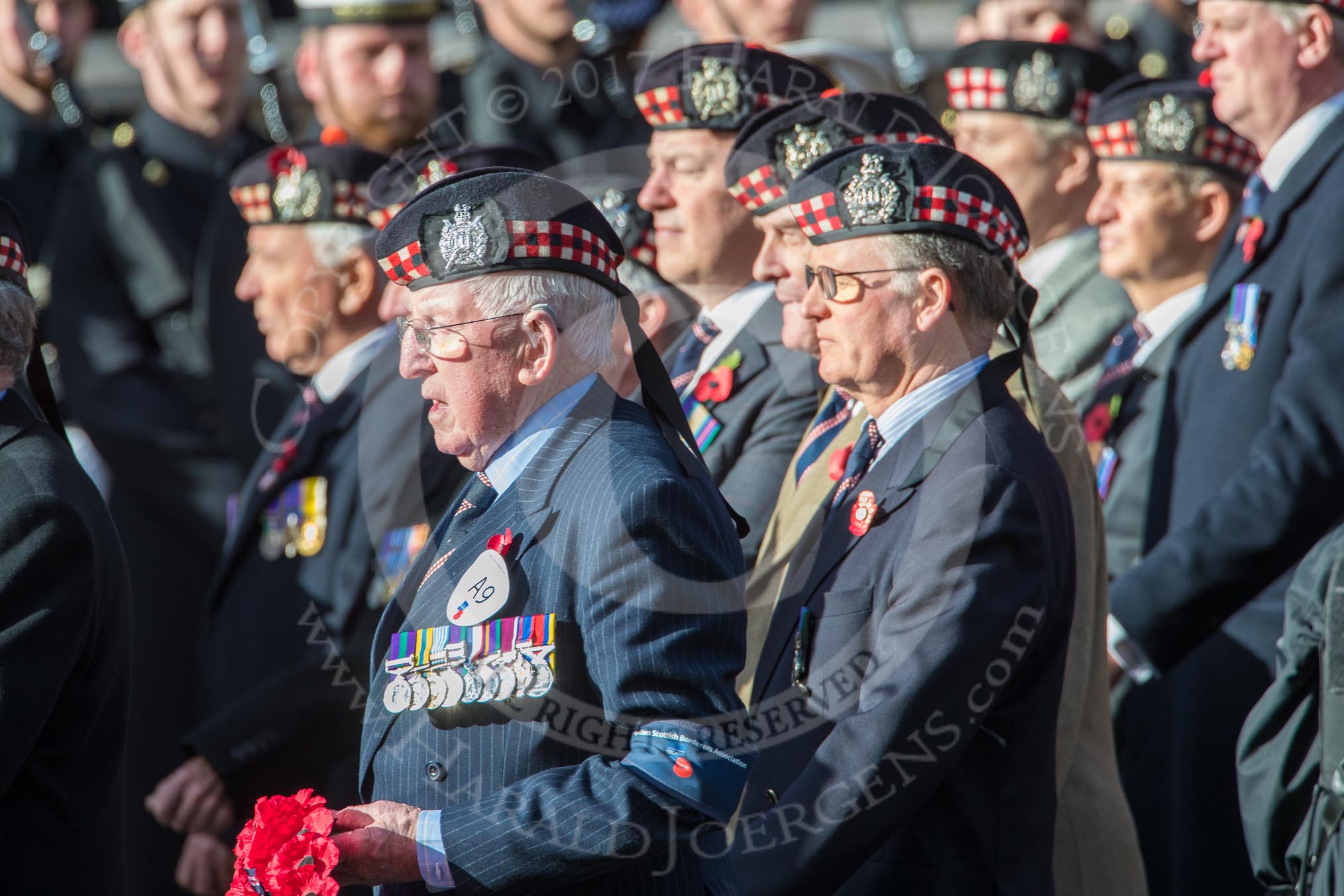 KOSB -The Kings Own Scottish Borderers Association (Group A9, 75 members) during the Royal British Legion March Past on Remembrance Sunday at the Cenotaph, Whitehall, Westminster, London, 11 November 2018, 11:57.