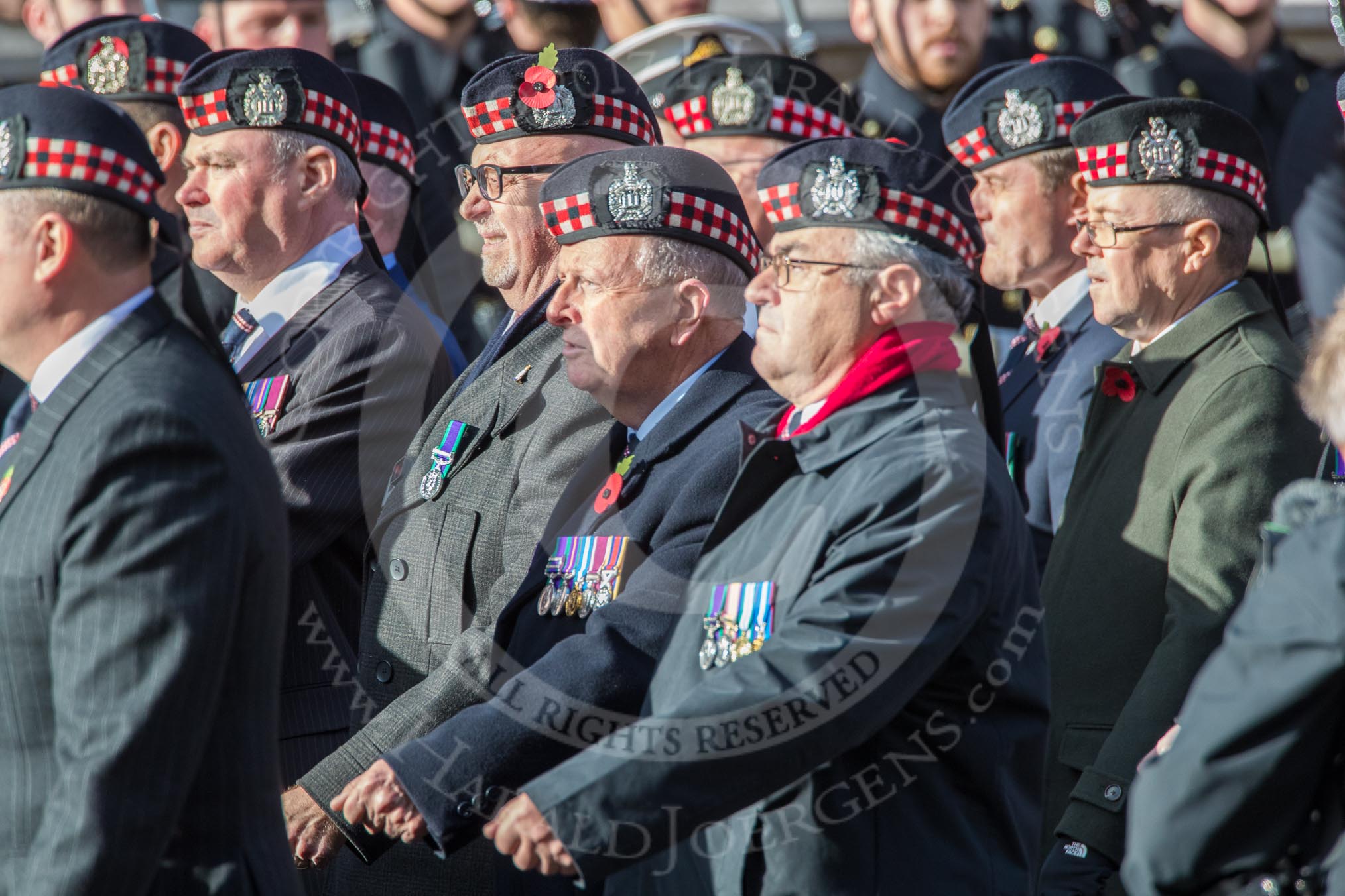 KOSB -The Kings Own Scottish Borderers Association (Group A9, 75 members) during the Royal British Legion March Past on Remembrance Sunday at the Cenotaph, Whitehall, Westminster, London, 11 November 2018, 11:57.