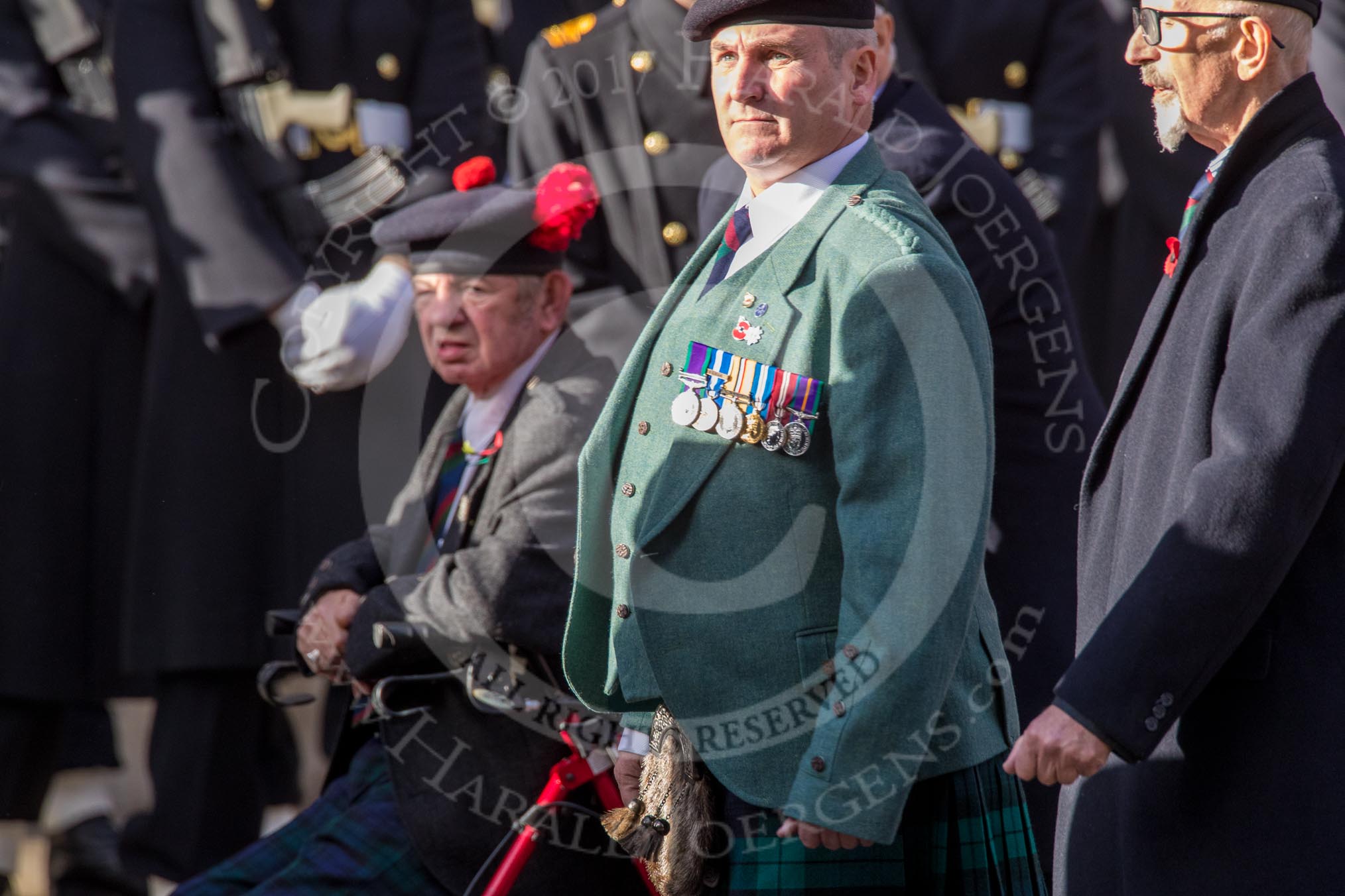 Queen's Own Highlanders Regimental Association (Group A11, 55 members) during the Royal British Legion March Past on Remembrance Sunday at the Cenotaph, Whitehall, Westminster, London, 11 November 2018, 11:57.