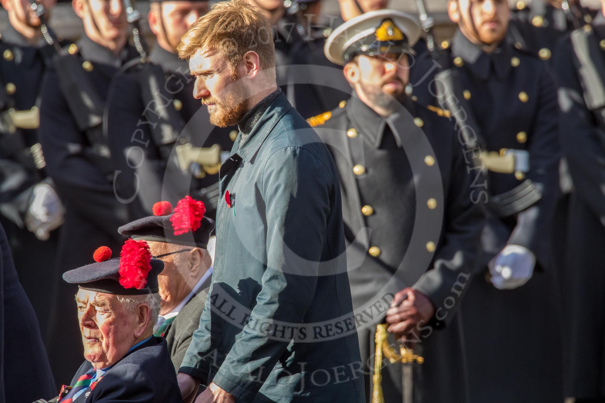 Queen's Own Highlanders Regimental Association (Group A11, 55 members) during the Royal British Legion March Past on Remembrance Sunday at the Cenotaph, Whitehall, Westminster, London, 11 November 2018, 11:57.