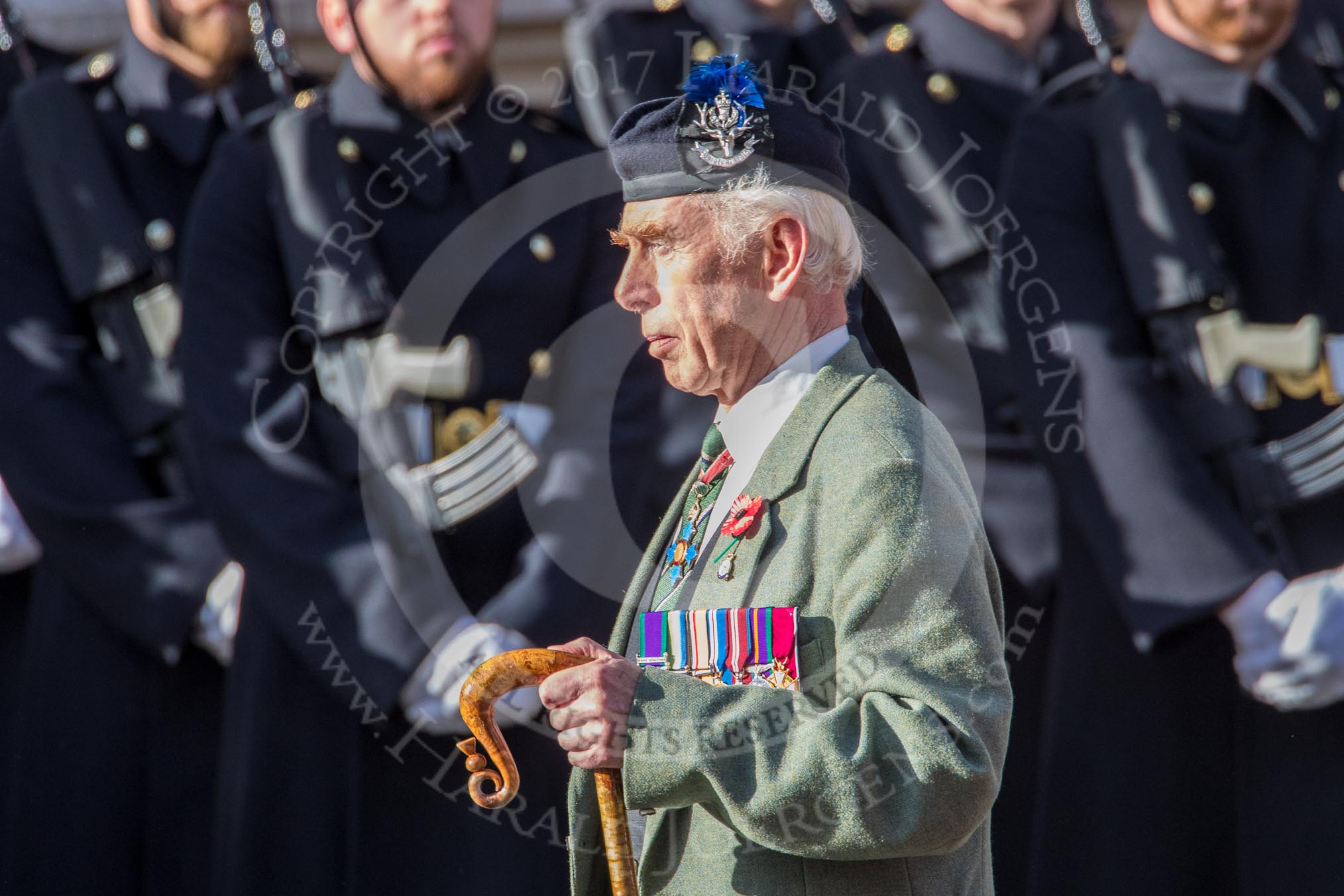 Queen's Own Highlanders Regimental Association (Group A11, 55 members) during the Royal British Legion March Past on Remembrance Sunday at the Cenotaph, Whitehall, Westminster, London, 11 November 2018, 11:57.