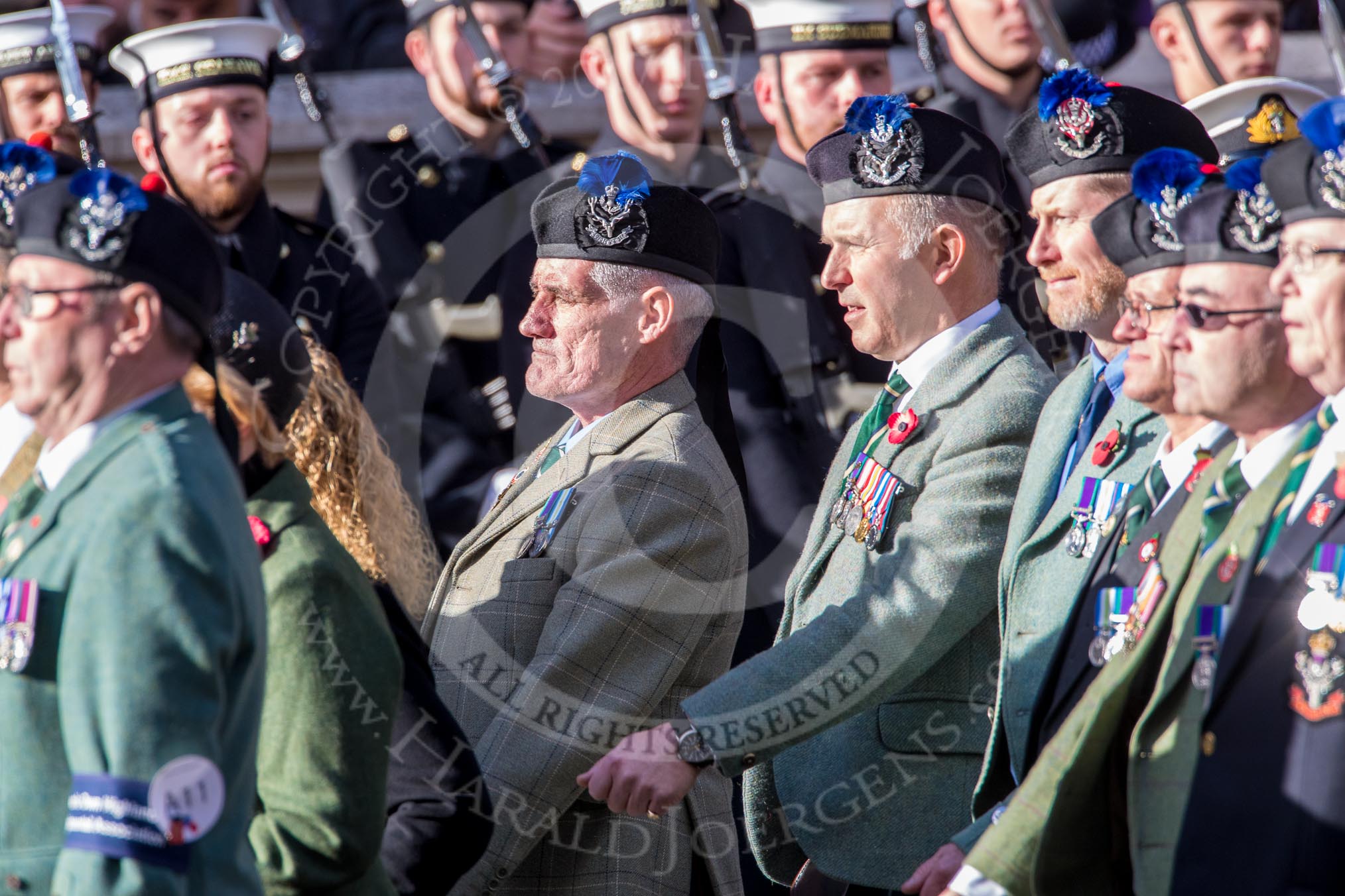 Queen's Own Highlanders Regimental Association (Group A11, 55 members) during the Royal British Legion March Past on Remembrance Sunday at the Cenotaph, Whitehall, Westminster, London, 11 November 2018, 11:57.