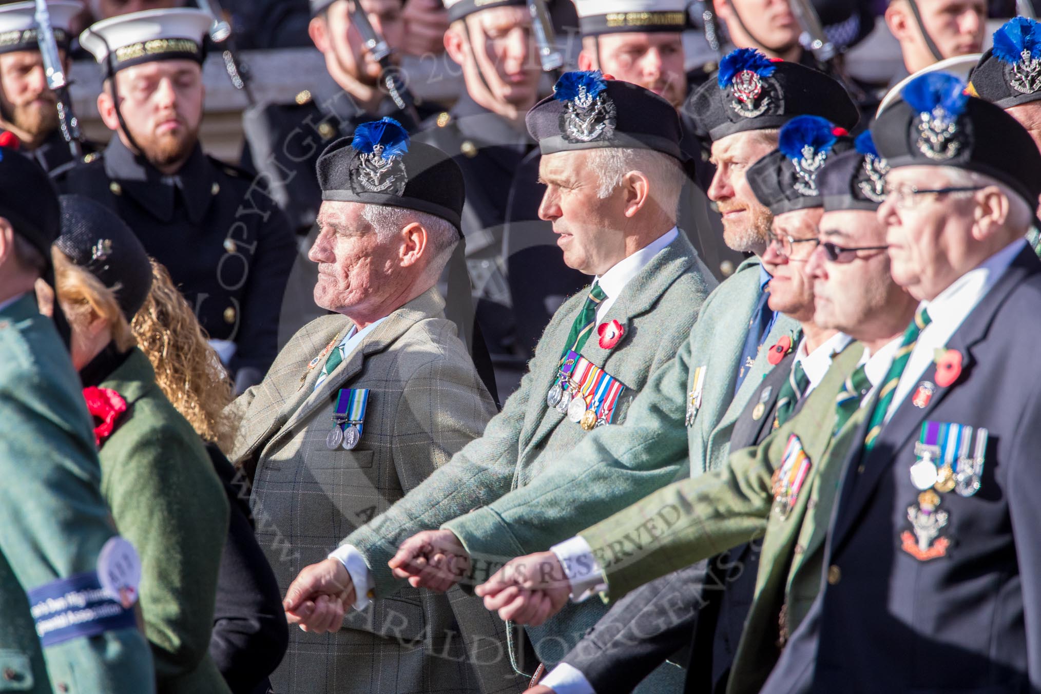 Queen's Own Highlanders Regimental Association (Group A11, 55 members) during the Royal British Legion March Past on Remembrance Sunday at the Cenotaph, Whitehall, Westminster, London, 11 November 2018, 11:57.