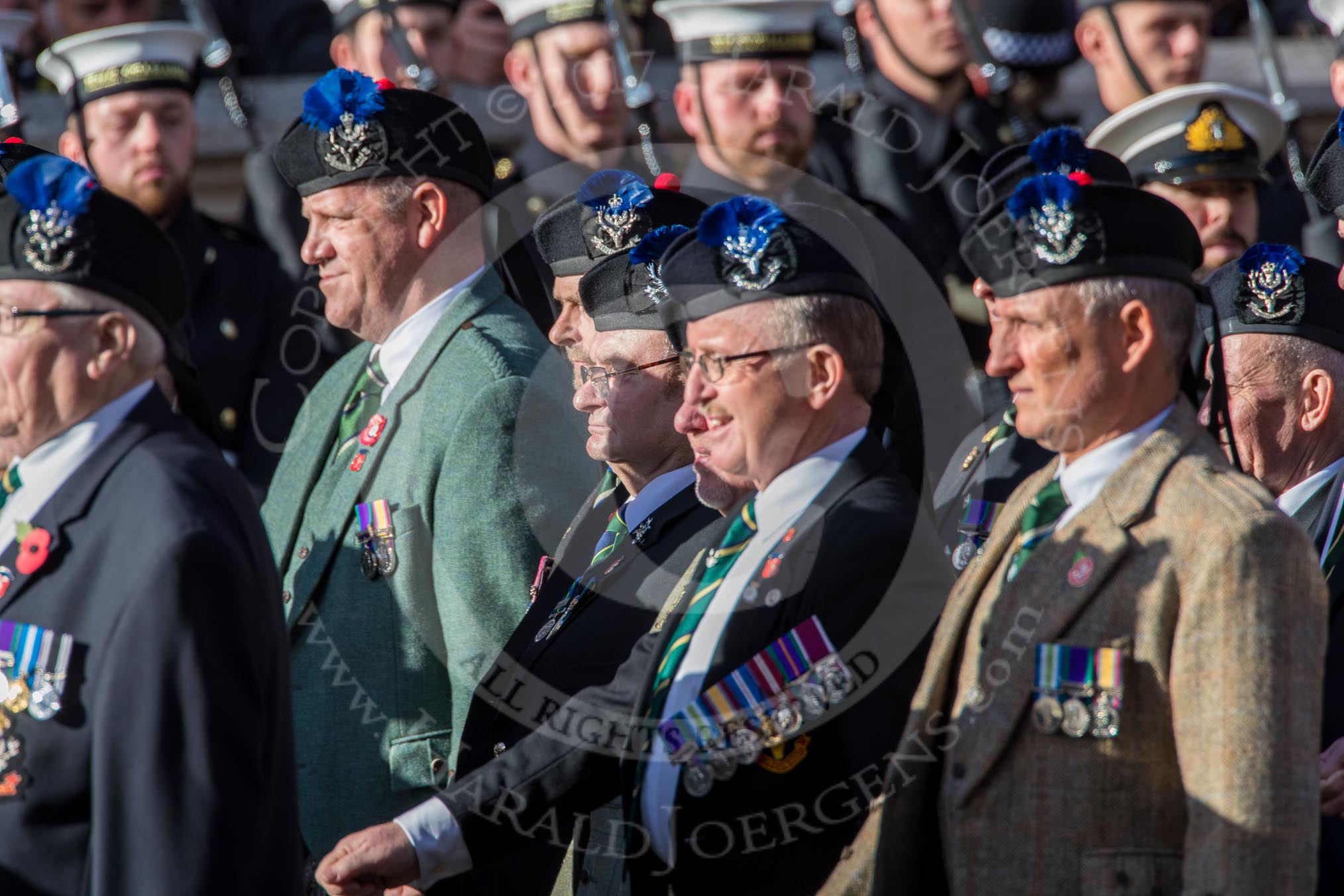 Queen's Own Highlanders Regimental Association (Group A11, 55 members) during the Royal British Legion March Past on Remembrance Sunday at the Cenotaph, Whitehall, Westminster, London, 11 November 2018, 11:57.