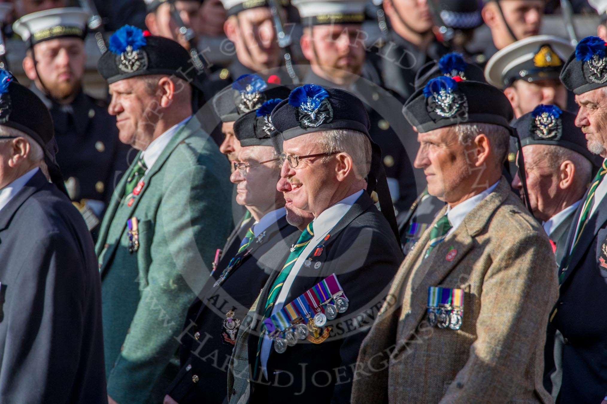 Queen's Own Highlanders Regimental Association (Group A11, 55 members) during the Royal British Legion March Past on Remembrance Sunday at the Cenotaph, Whitehall, Westminster, London, 11 November 2018, 11:57.