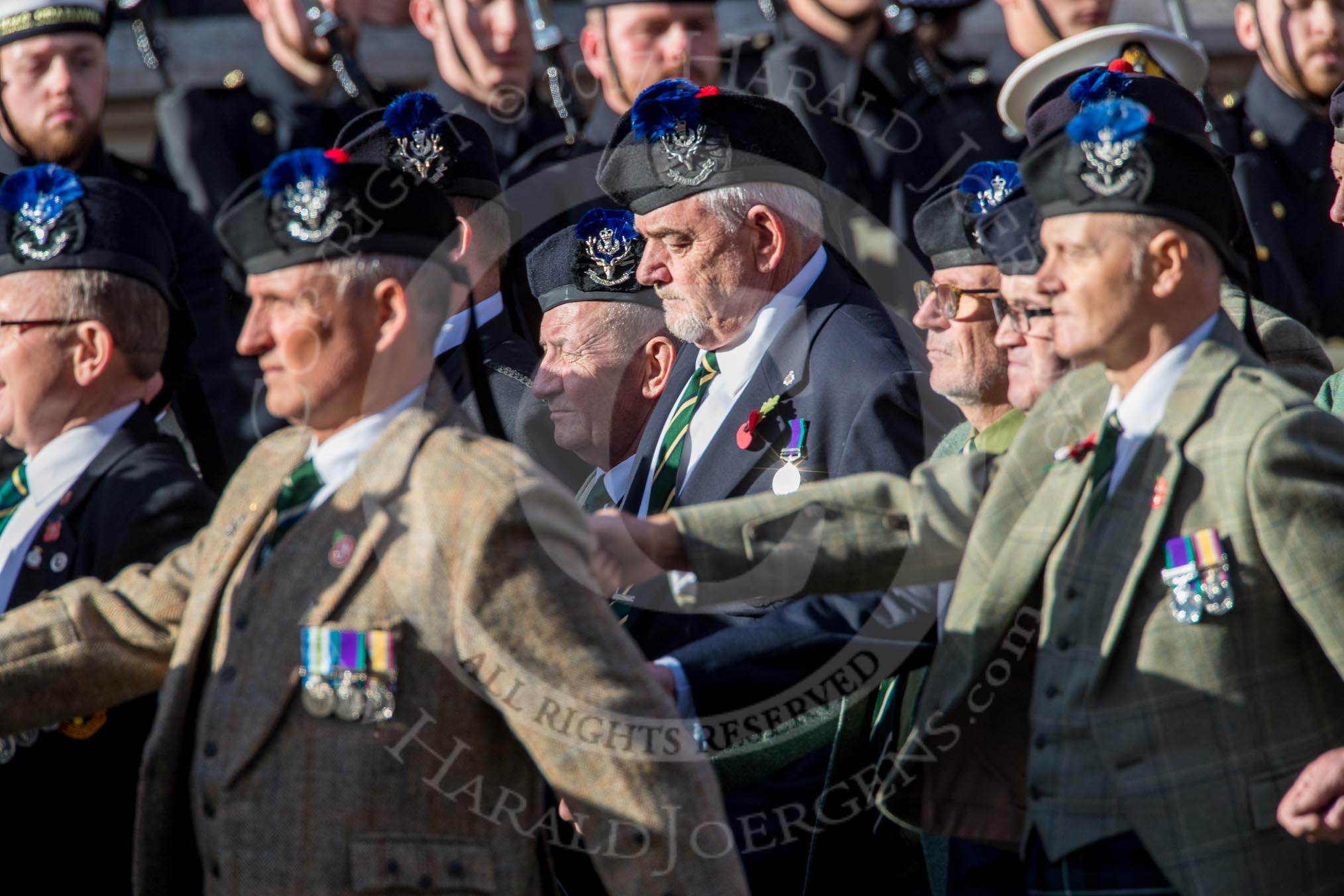 Queen's Own Highlanders Regimental Association (Group A11, 55 members) during the Royal British Legion March Past on Remembrance Sunday at the Cenotaph, Whitehall, Westminster, London, 11 November 2018, 11:57.