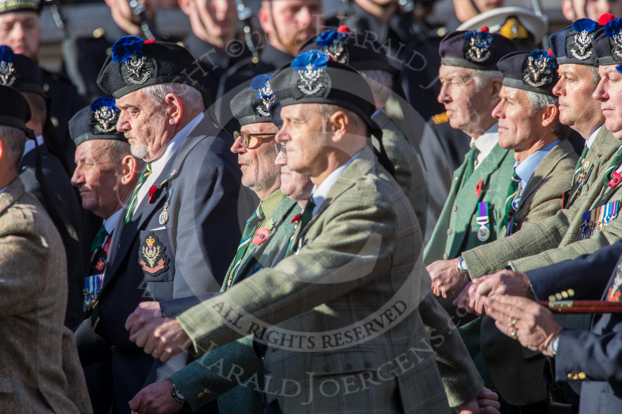 Queen's Own Highlanders Regimental Association (Group A11, 55 members) during the Royal British Legion March Past on Remembrance Sunday at the Cenotaph, Whitehall, Westminster, London, 11 November 2018, 11:57.