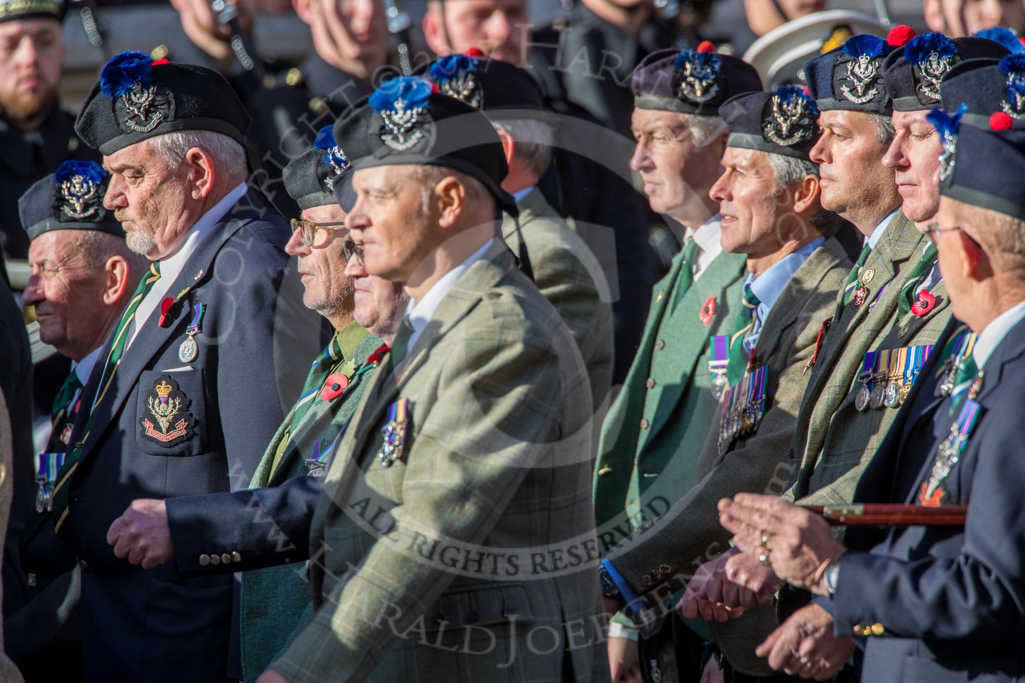 Queen's Own Highlanders Regimental Association (Group A11, 55 members) during the Royal British Legion March Past on Remembrance Sunday at the Cenotaph, Whitehall, Westminster, London, 11 November 2018, 11:57.