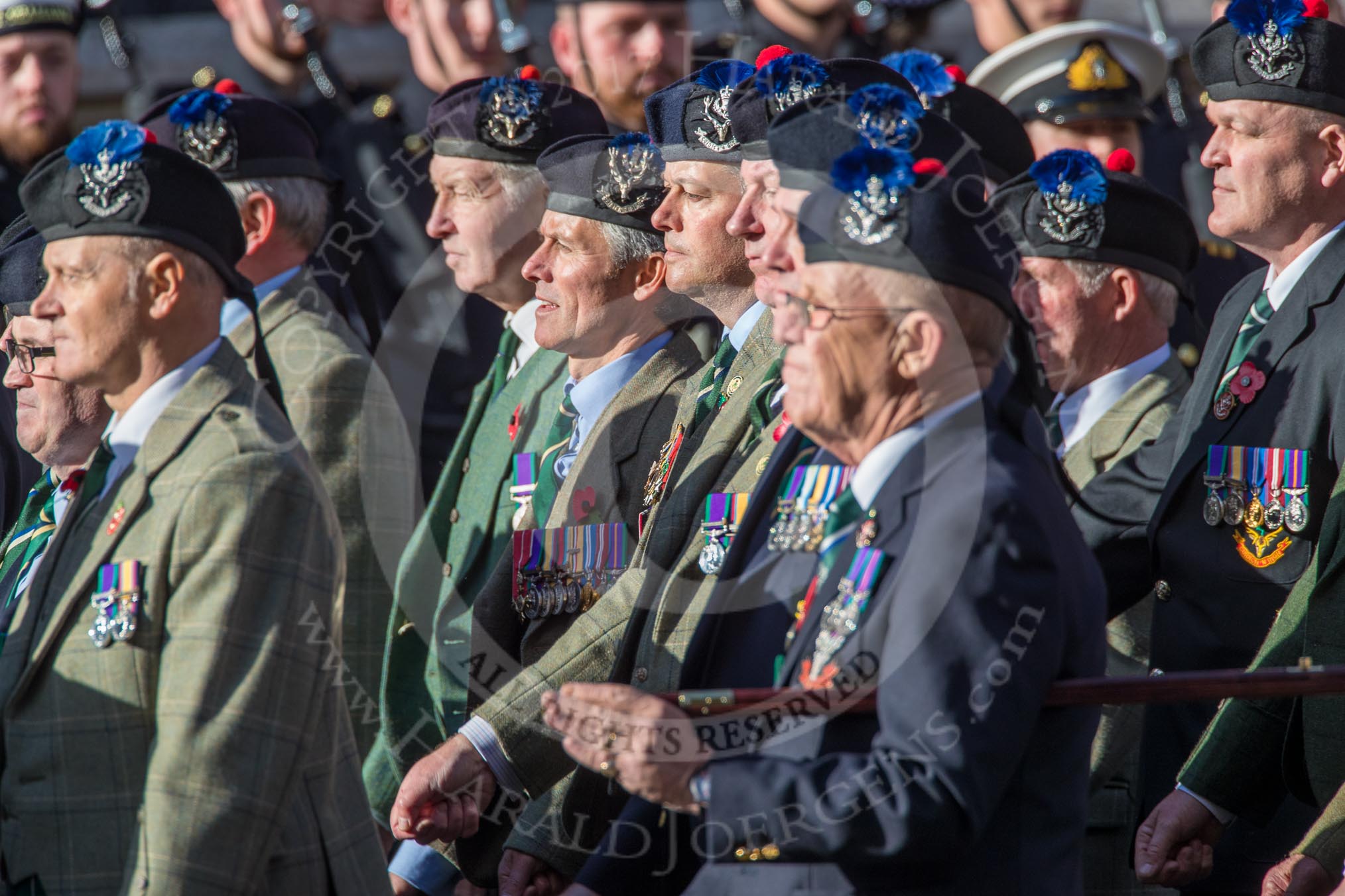 Queen's Own Highlanders Regimental Association (Group A11, 55 members) during the Royal British Legion March Past on Remembrance Sunday at the Cenotaph, Whitehall, Westminster, London, 11 November 2018, 11:57.