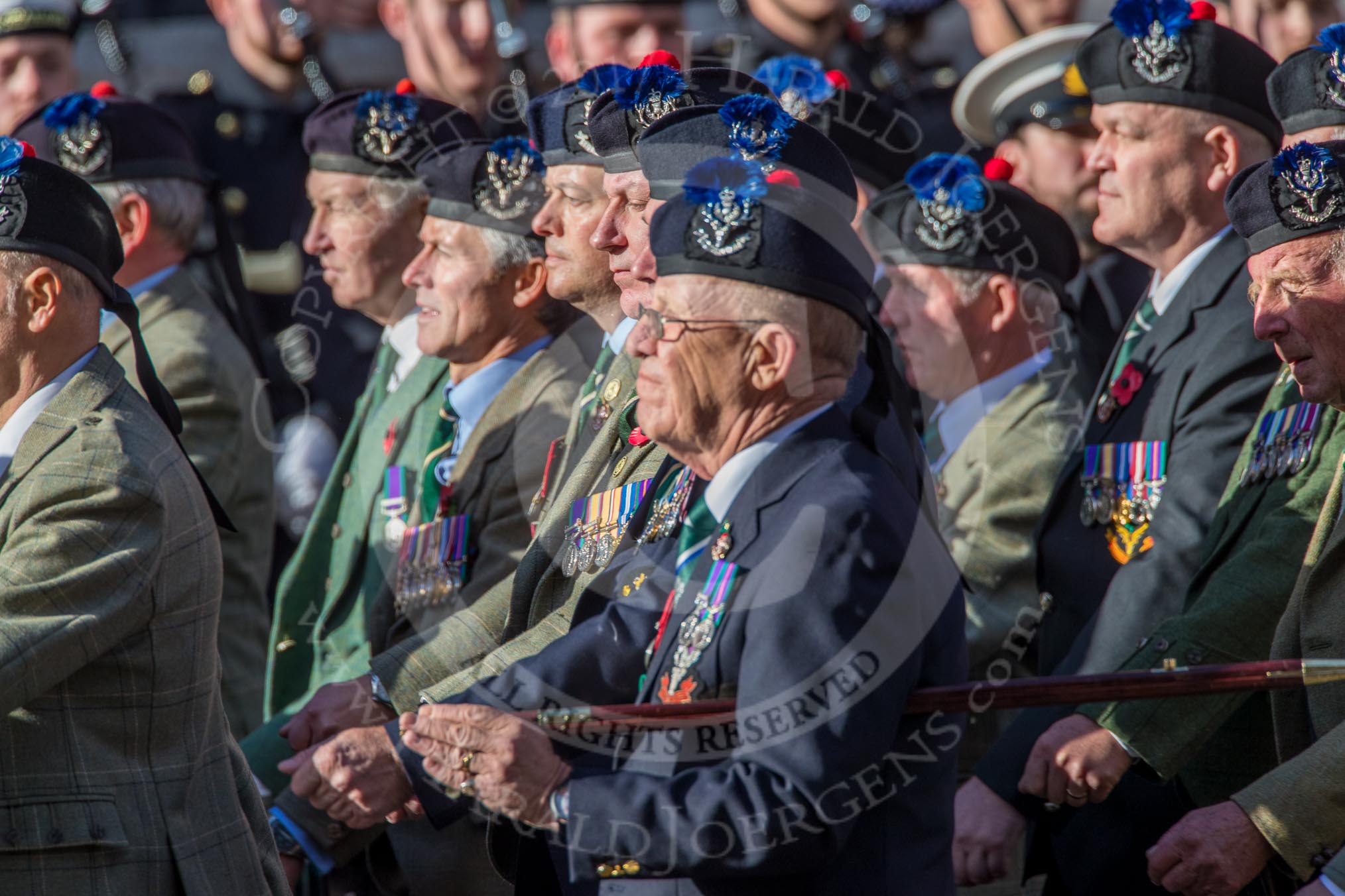 Queen's Own Highlanders Regimental Association (Group A11, 55 members) during the Royal British Legion March Past on Remembrance Sunday at the Cenotaph, Whitehall, Westminster, London, 11 November 2018, 11:57.