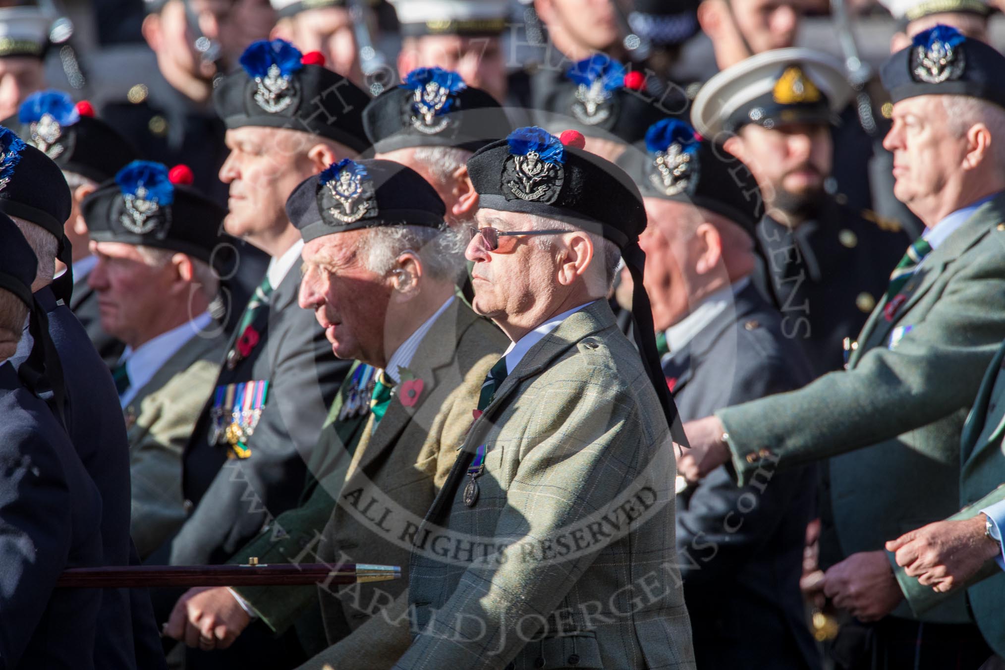 Queen's Own Highlanders Regimental Association (Group A11, 55 members) during the Royal British Legion March Past on Remembrance Sunday at the Cenotaph, Whitehall, Westminster, London, 11 November 2018, 11:57.