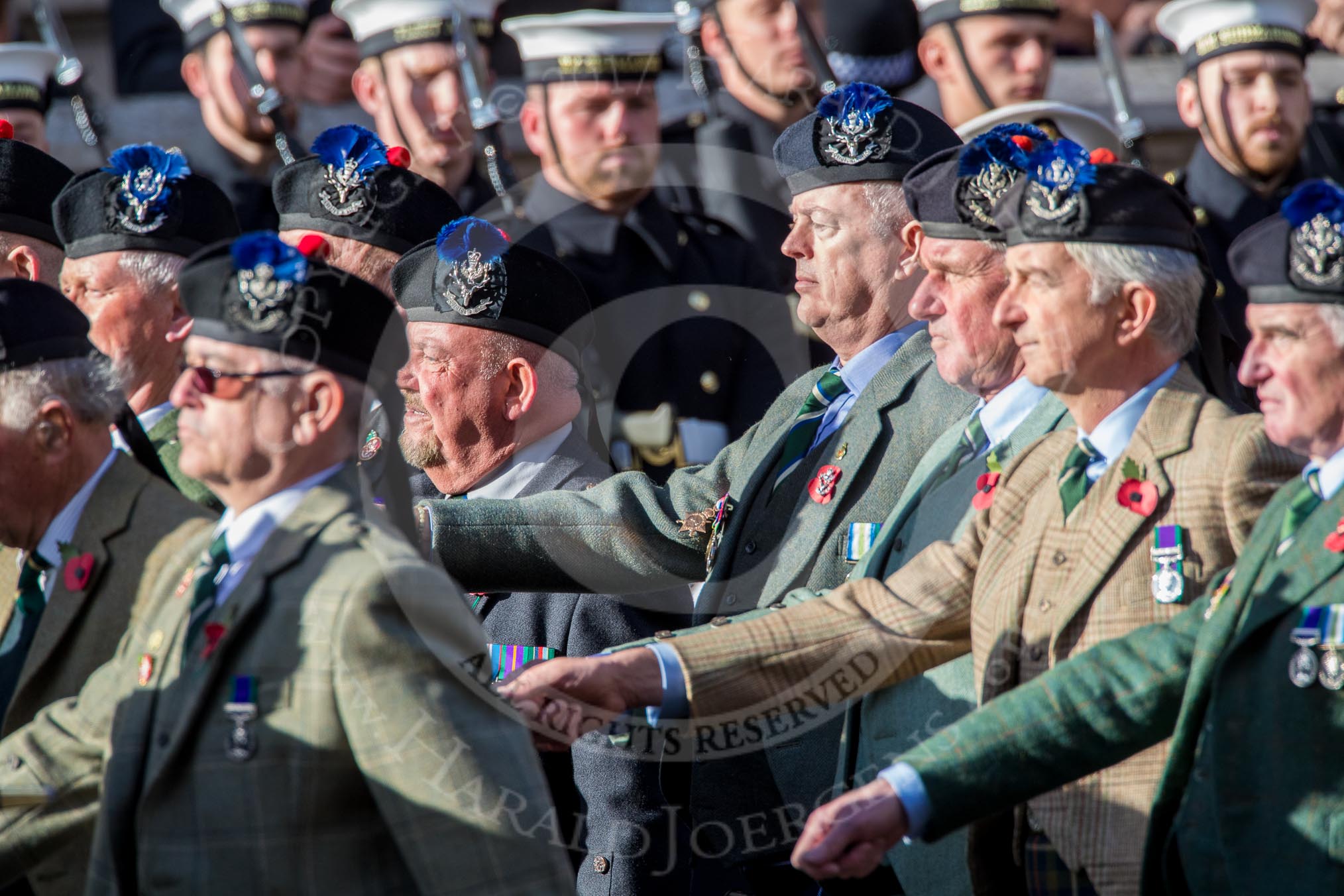 Queen's Own Highlanders Regimental Association (Group A11, 55 members) during the Royal British Legion March Past on Remembrance Sunday at the Cenotaph, Whitehall, Westminster, London, 11 November 2018, 11:57.