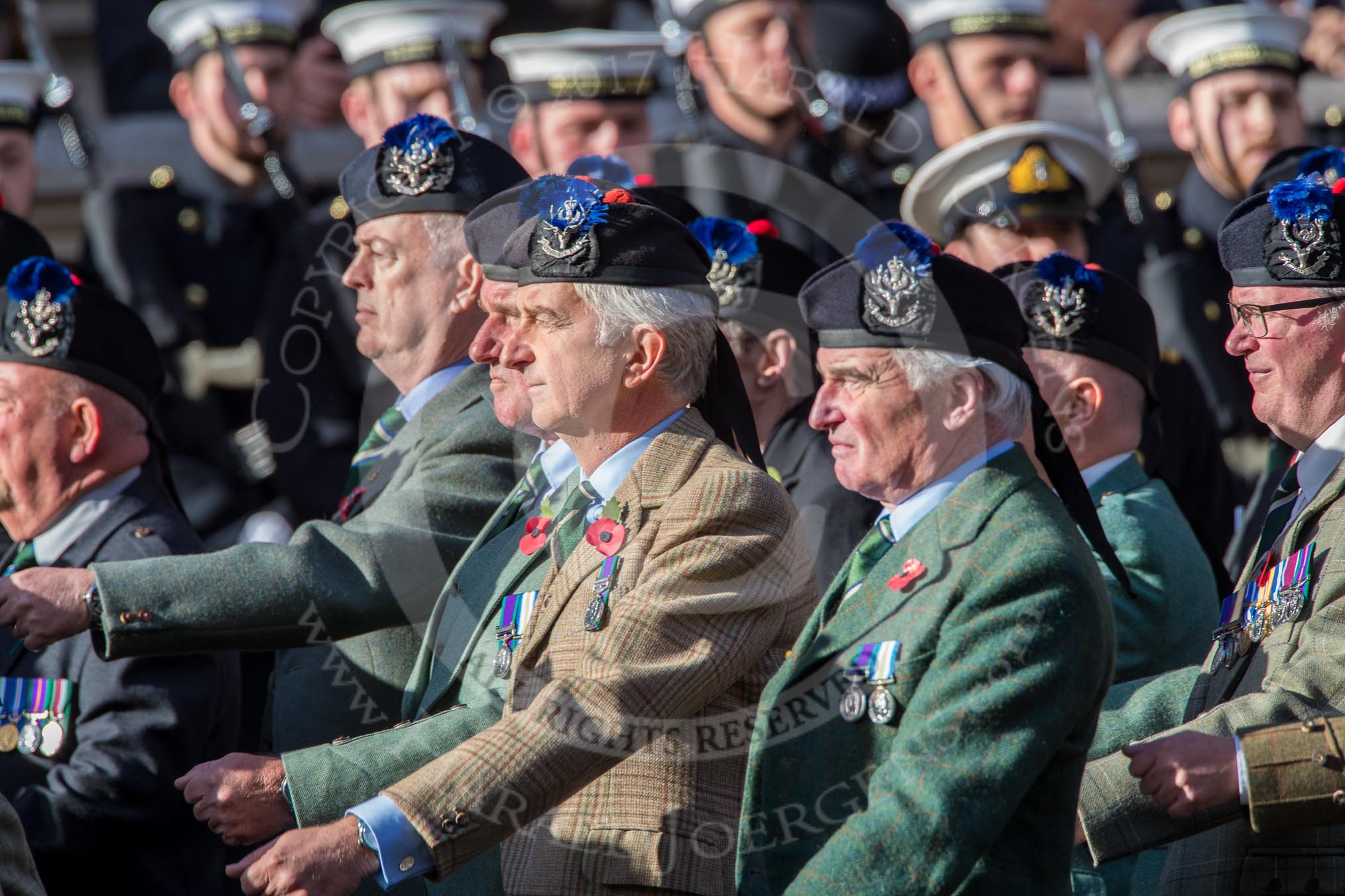 Queen's Own Highlanders Regimental Association (Group A11, 55 members) during the Royal British Legion March Past on Remembrance Sunday at the Cenotaph, Whitehall, Westminster, London, 11 November 2018, 11:57.