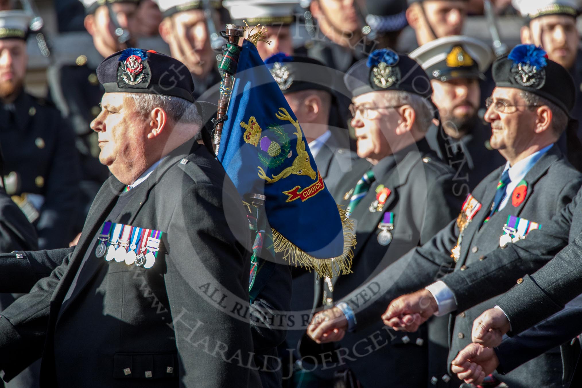 Queen's Own Highlanders Regimental Association (Group A11, 55 members) during the Royal British Legion March Past on Remembrance Sunday at the Cenotaph, Whitehall, Westminster, London, 11 November 2018, 11:58.