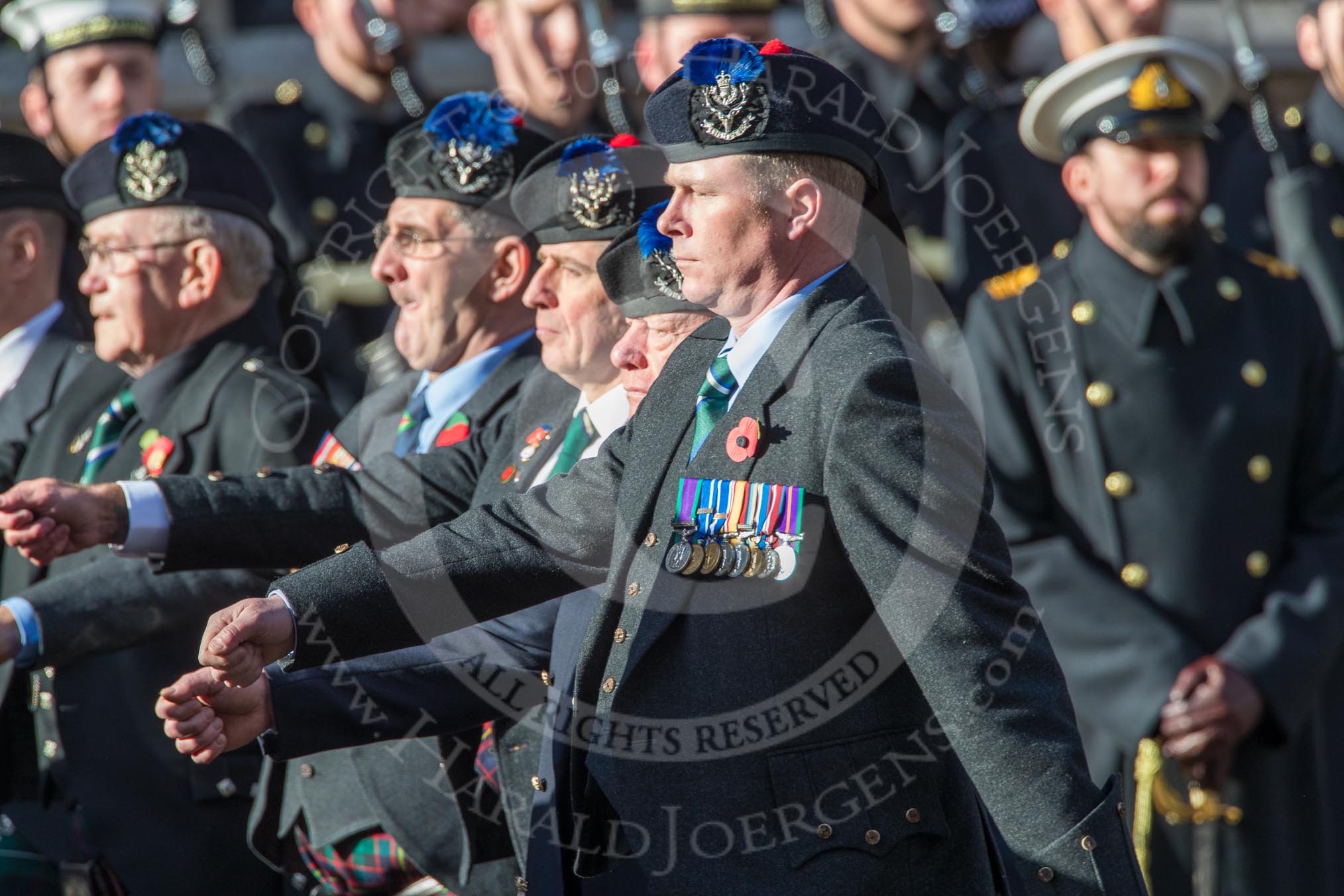 Queen's Own Highlanders Regimental Association (Group A11, 55 members) during the Royal British Legion March Past on Remembrance Sunday at the Cenotaph, Whitehall, Westminster, London, 11 November 2018, 11:58.