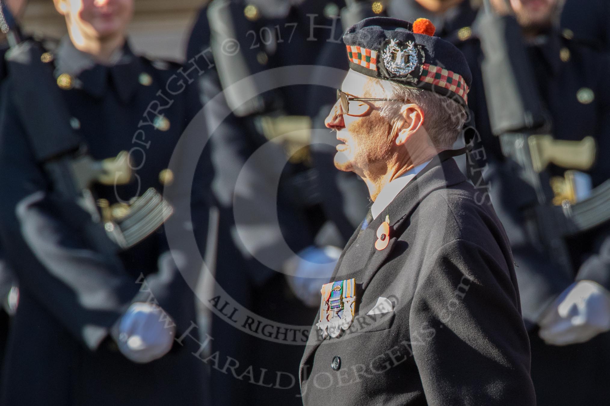 The Gordon Highlanders London Association (Group A12, 37 members) during the Royal British Legion March Past on Remembrance Sunday at the Cenotaph, Whitehall, Westminster, London, 11 November 2018, 11:58.