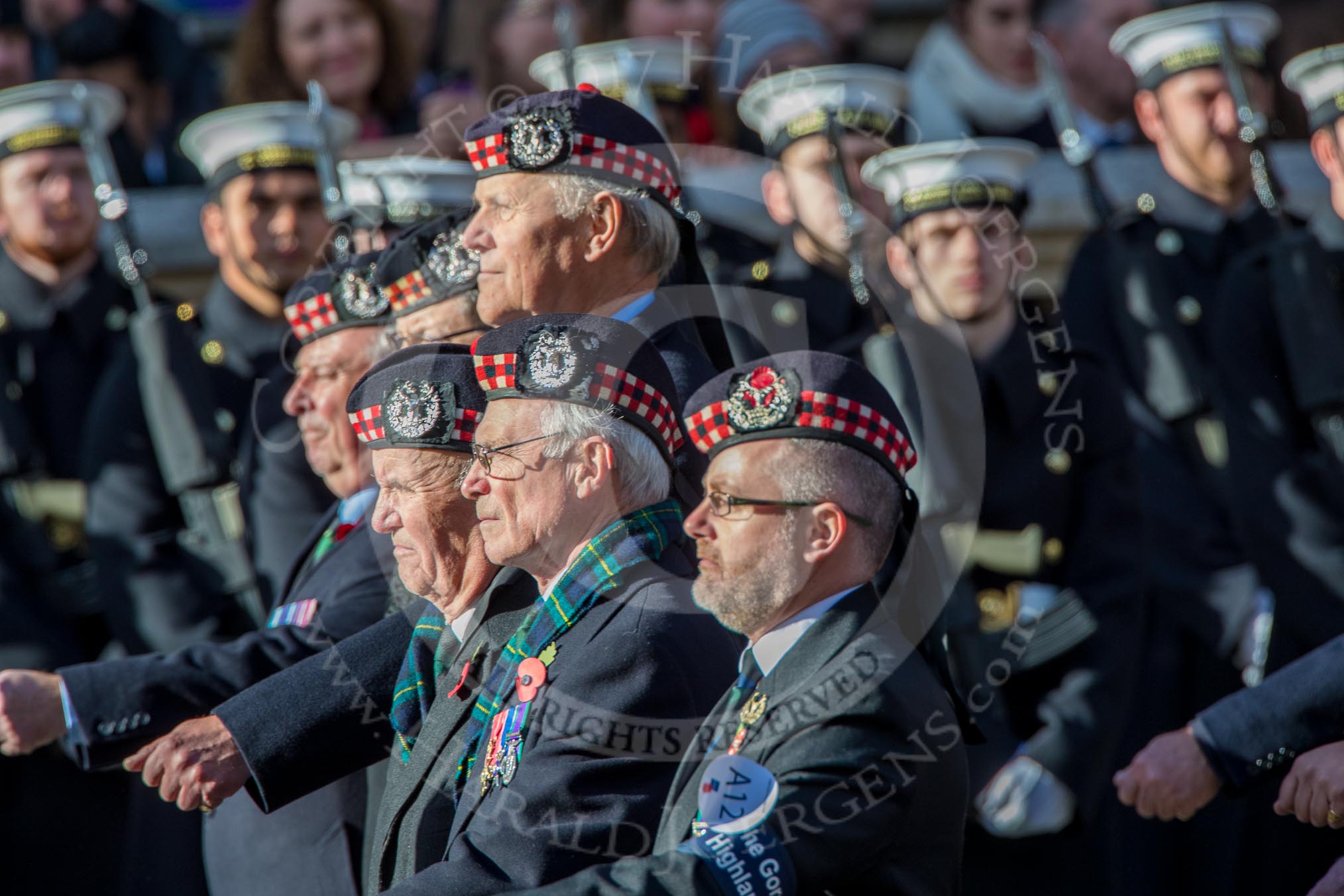 during the Royal British Legion March Past on Remembrance The Gordon Highlanders London Association (Group A12, 37 members) Sunday at the Cenotaph, Whitehall, Westminster, London, 11 November 2018, 11:58.