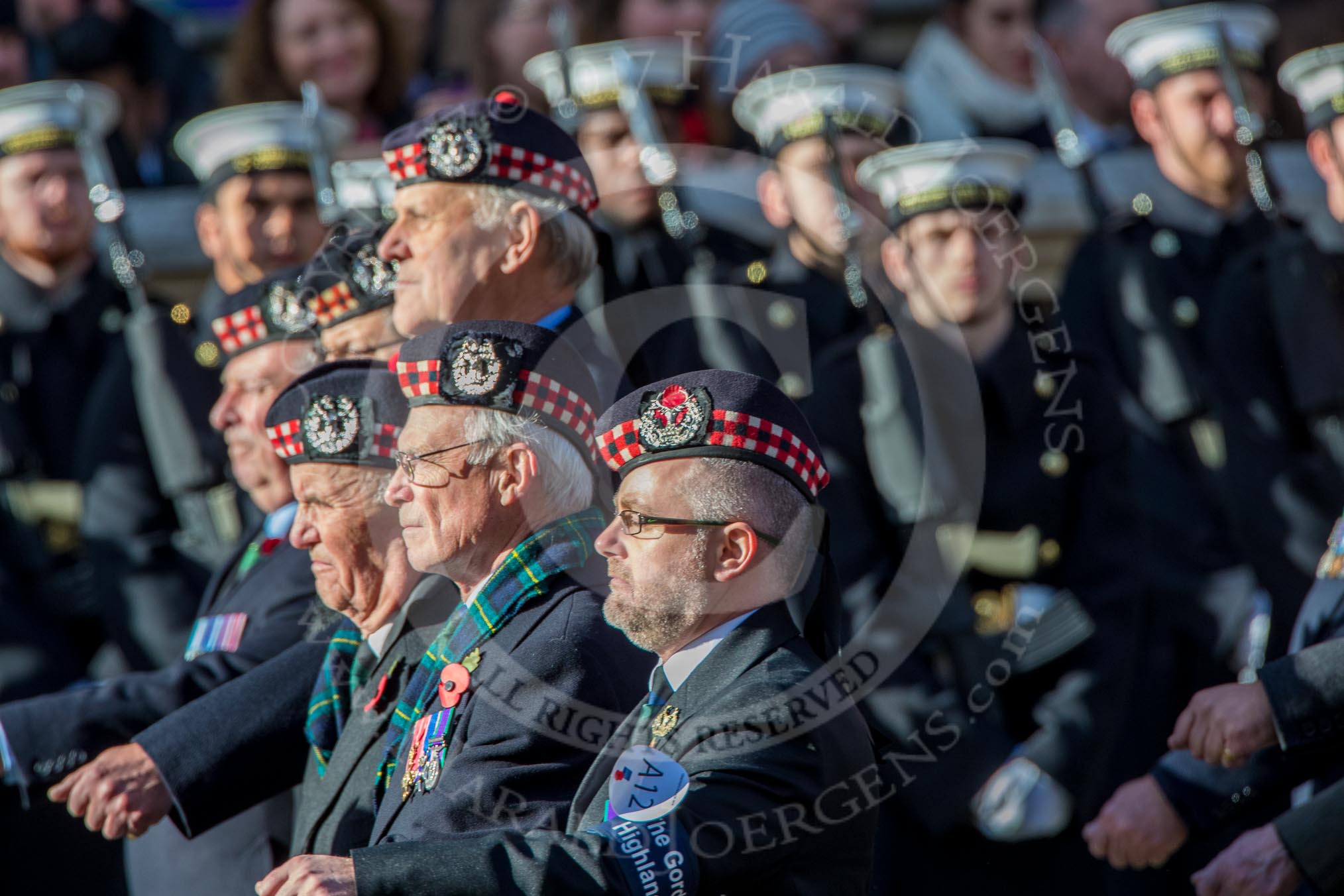 The Gordon Highlanders London Association (Group A12, 37 members) during the Royal British Legion March Past on Remembrance Sunday at the Cenotaph, Whitehall, Westminster, London, 11 November 2018, 11:58.