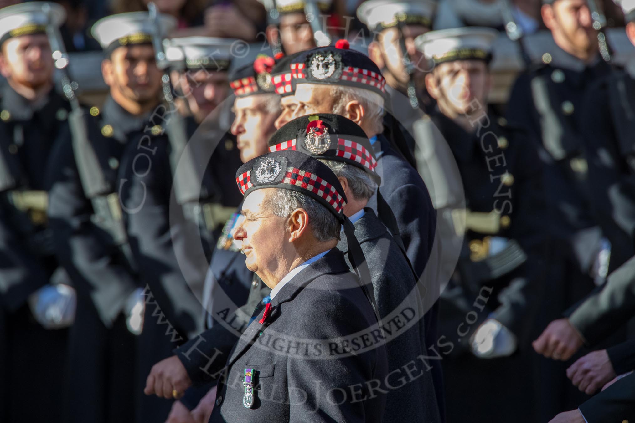 The Gordon Highlanders London Association (Group A12, 37 members) during the Royal British Legion March Past on Remembrance Sunday at the Cenotaph, Whitehall, Westminster, London, 11 November 2018, 11:58.