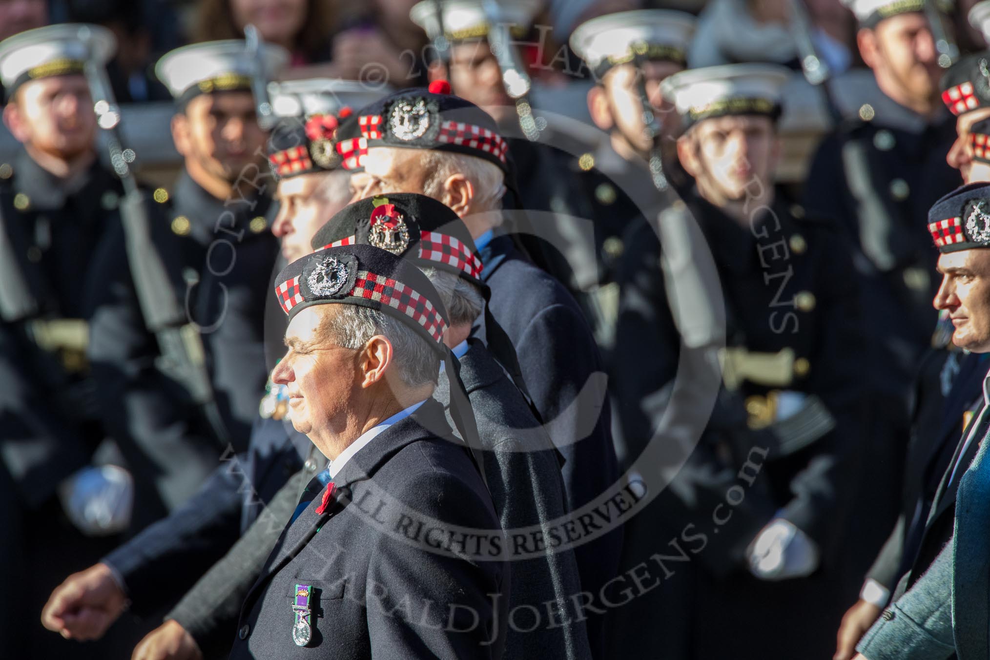 The Gordon Highlanders London Association (Group A12, 37 members) during the Royal British Legion March Past on Remembrance Sunday at the Cenotaph, Whitehall, Westminster, London, 11 November 2018, 11:58.