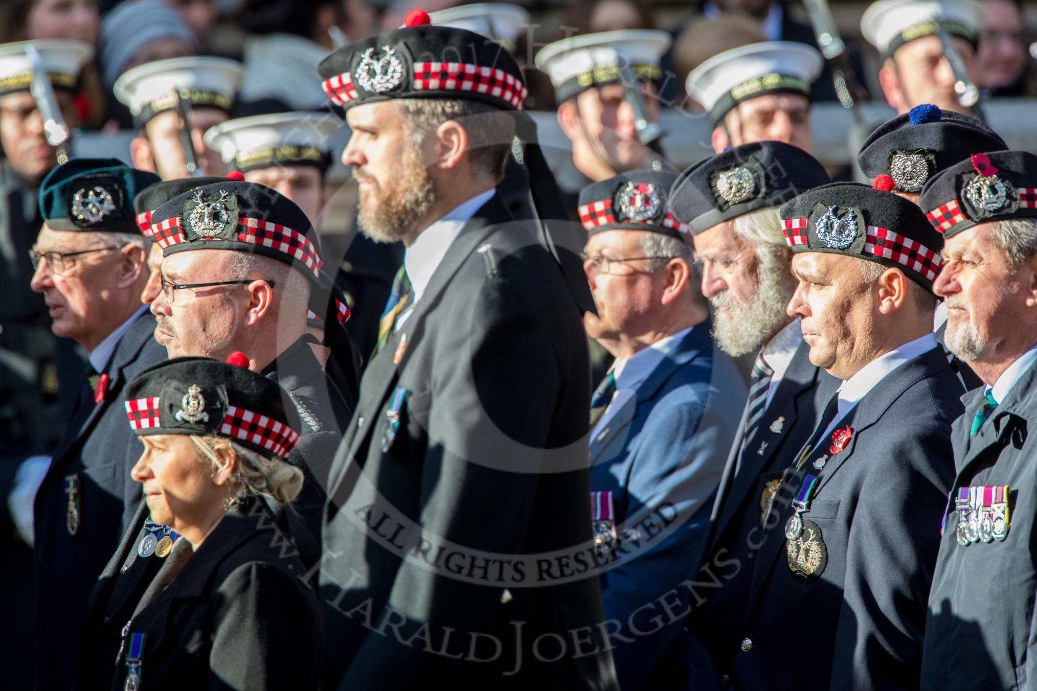 The Gordon Highlanders London Association (Group A12, 37 members) during the Royal British Legion March Past on Remembrance Sunday at the Cenotaph, Whitehall, Westminster, London, 11 November 2018, 11:58.