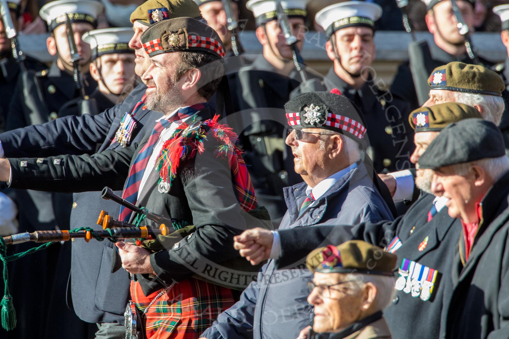 Fraserburgh and Macduff Gordon Highlanders Association (Group A15, 15 members) during the Royal British Legion March Past on Remembrance Sunday at the Cenotaph, Whitehall, Westminster, London, 11 November 2018, 11:58.