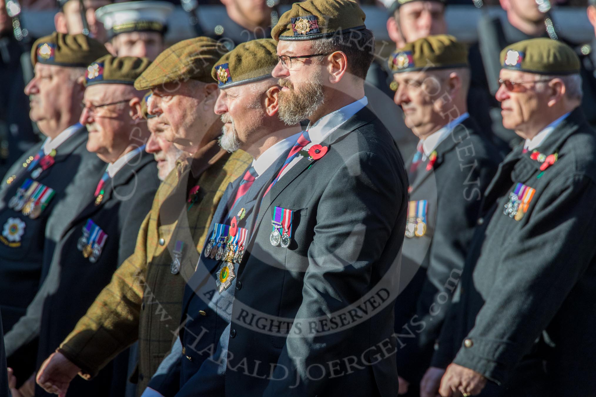 Fraserburgh and Macduff Gordon Highlanders Association (Group A15, 15 members) during the Royal British Legion March Past on Remembrance Sunday at the Cenotaph, Whitehall, Westminster, London, 11 November 2018, 11:58.