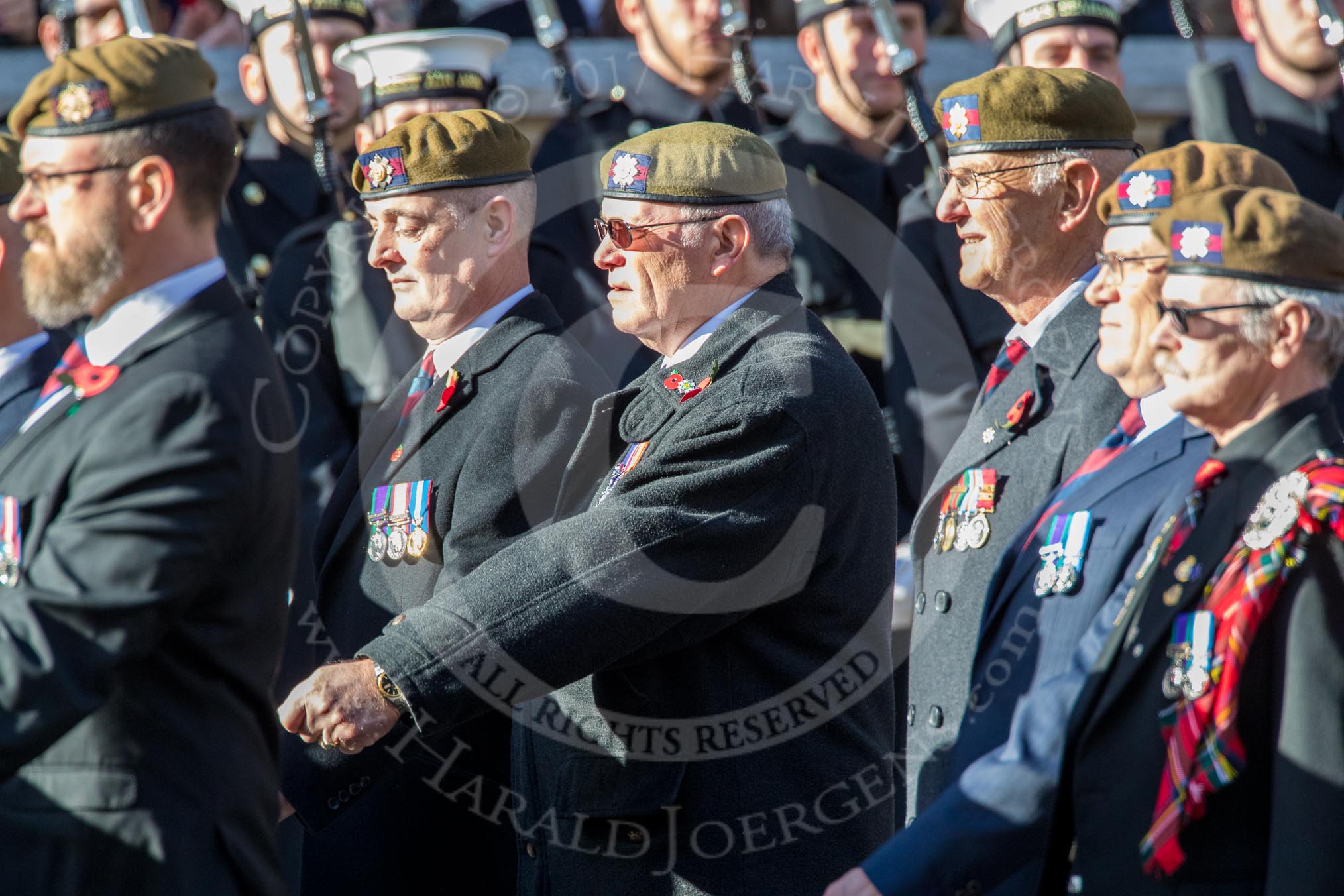 Fraserburgh and Macduff Gordon Highlanders Association (Group A15, 15 members) during the Royal British Legion March Past on Remembrance Sunday at the Cenotaph, Whitehall, Westminster, London, 11 November 2018, 11:58.