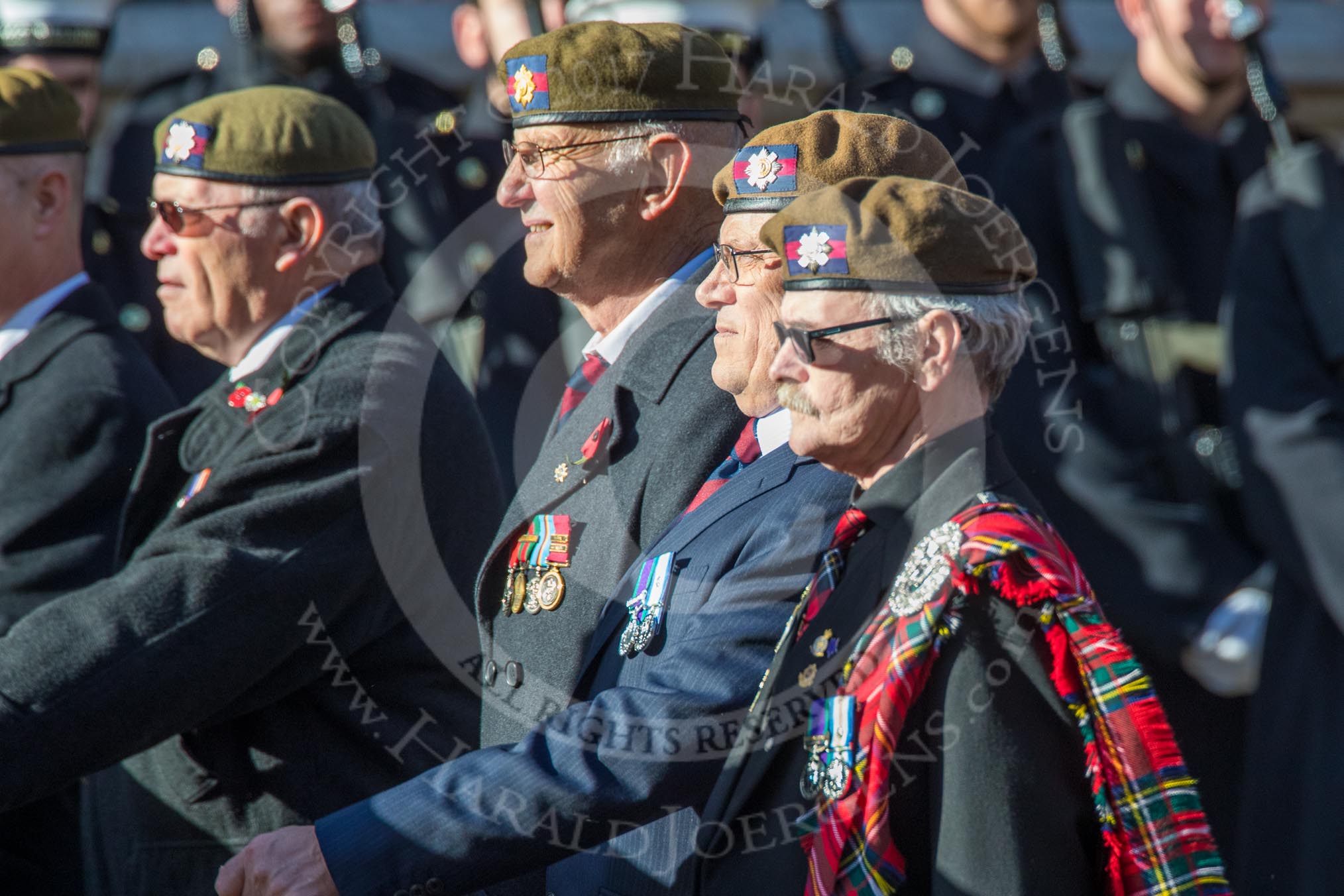 Fraserburgh and Macduff Gordon Highlanders Association (Group A15, 15 members) during the Royal British Legion March Past on Remembrance Sunday at the Cenotaph, Whitehall, Westminster, London, 11 November 2018, 11:58.