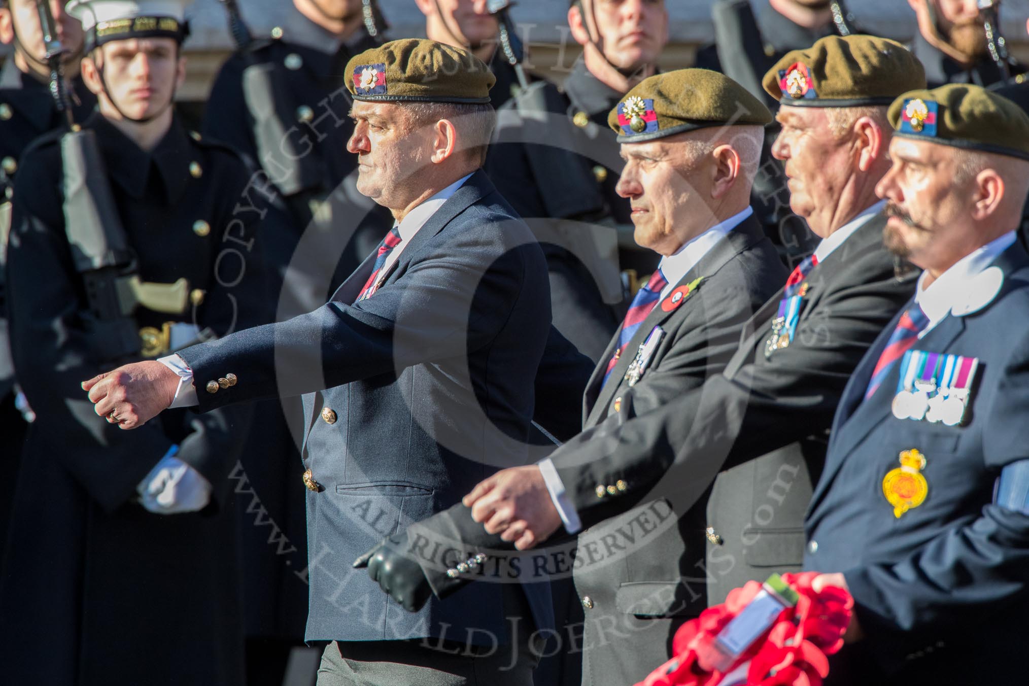 Grenadier Guards Association (Group A17, 4 members) during the Royal British Legion March Past on Remembrance Sunday at the Cenotaph, Whitehall, Westminster, London, 11 November 2018, 11:58.