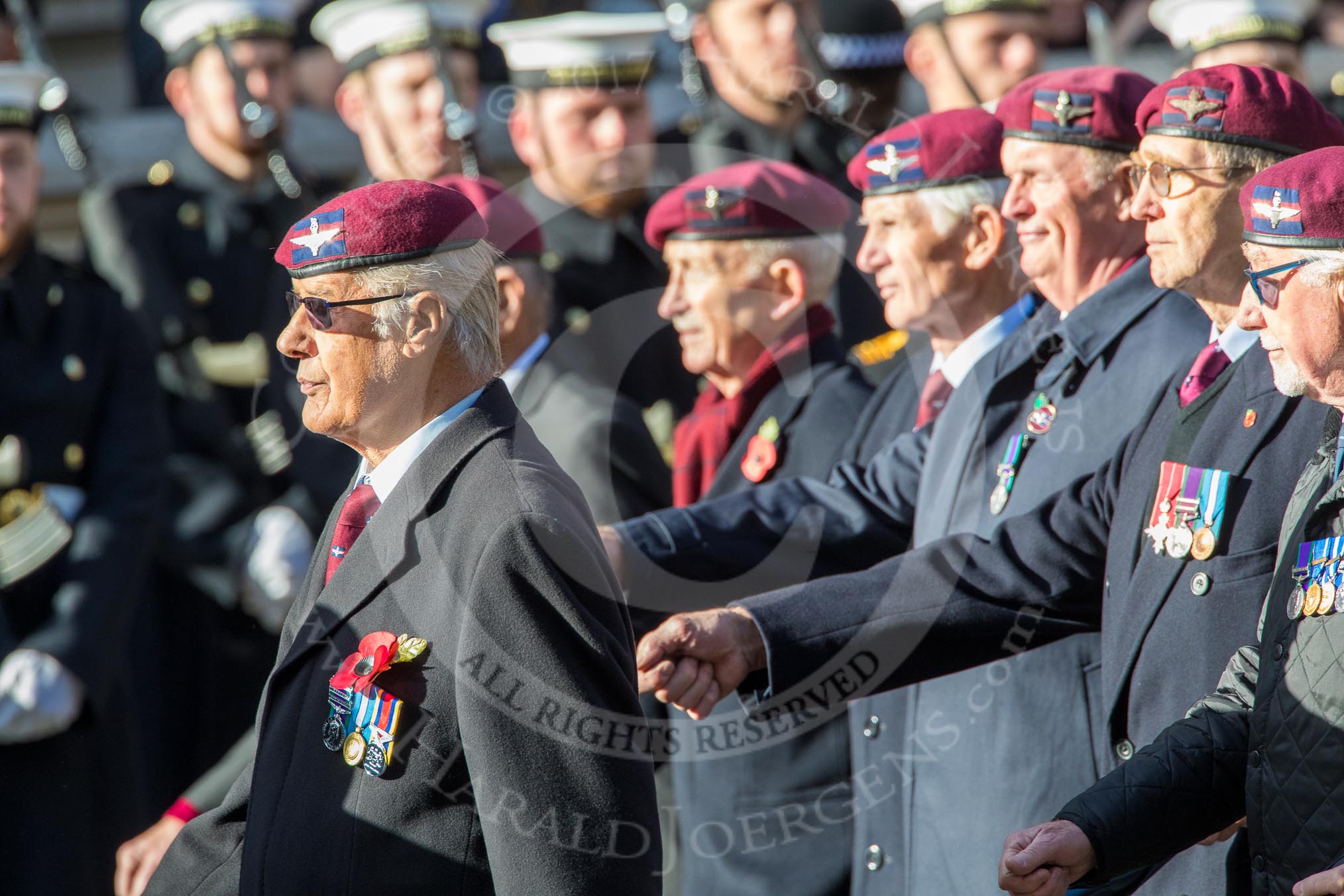 Guards Parachute Association (Group A20, 24 members) during the Royal British Legion March Past on Remembrance Sunday at the Cenotaph, Whitehall, Westminster, London, 11 November 2018, 11:59.