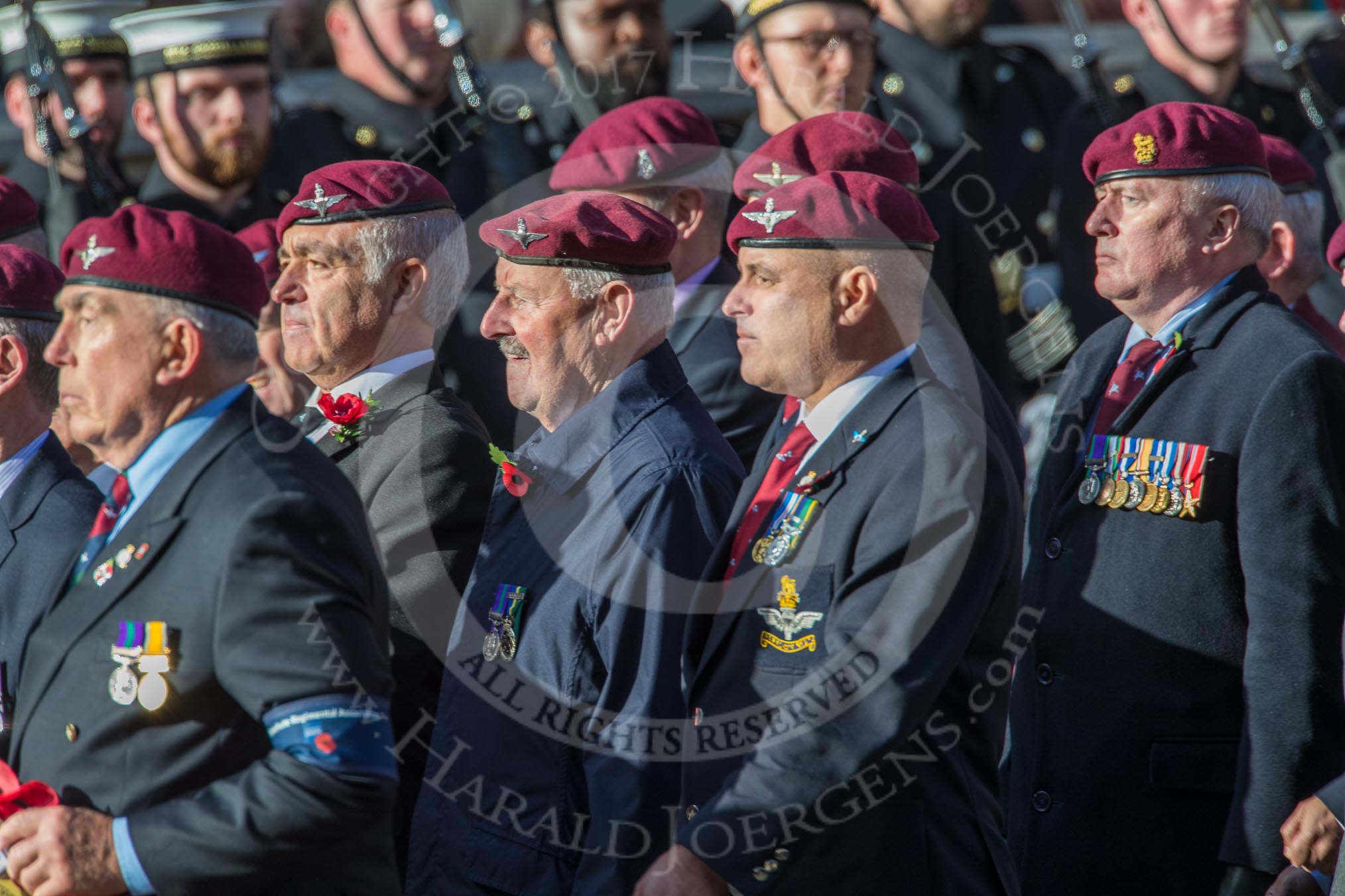 The Parachute Regimental Association (Group A21, 101 members) during the Royal British Legion March Past on Remembrance Sunday at the Cenotaph, Whitehall, Westminster, London, 11 November 2018, 11:59.