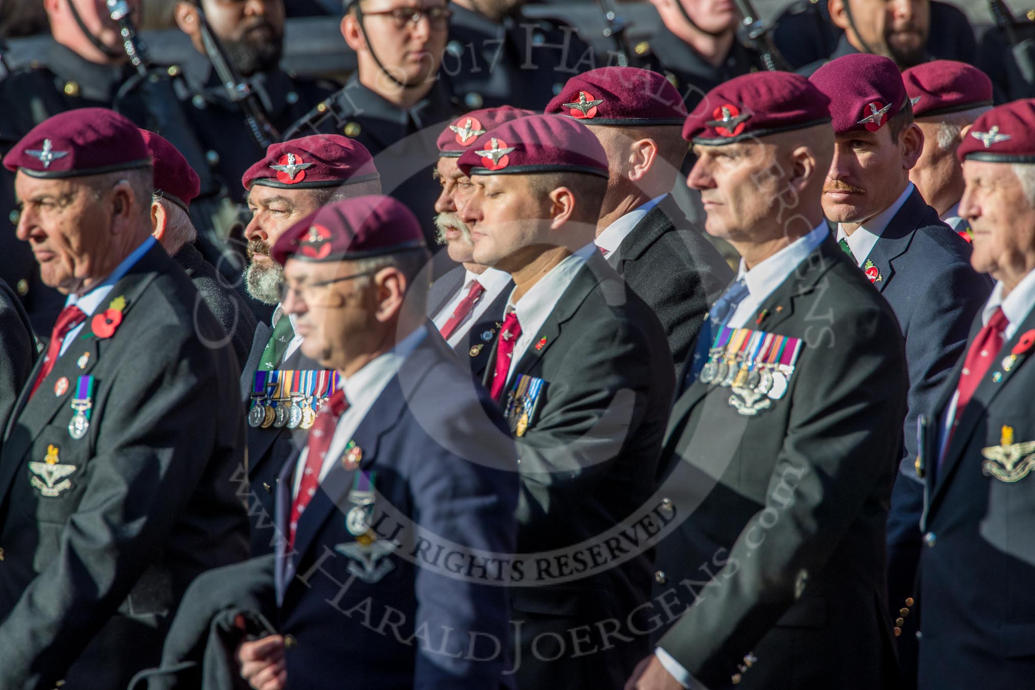 The Parachute Regimental Association (Group A21, 101 members) during the Royal British Legion March Past on Remembrance Sunday at the Cenotaph, Whitehall, Westminster, London, 11 November 2018, 11:59.