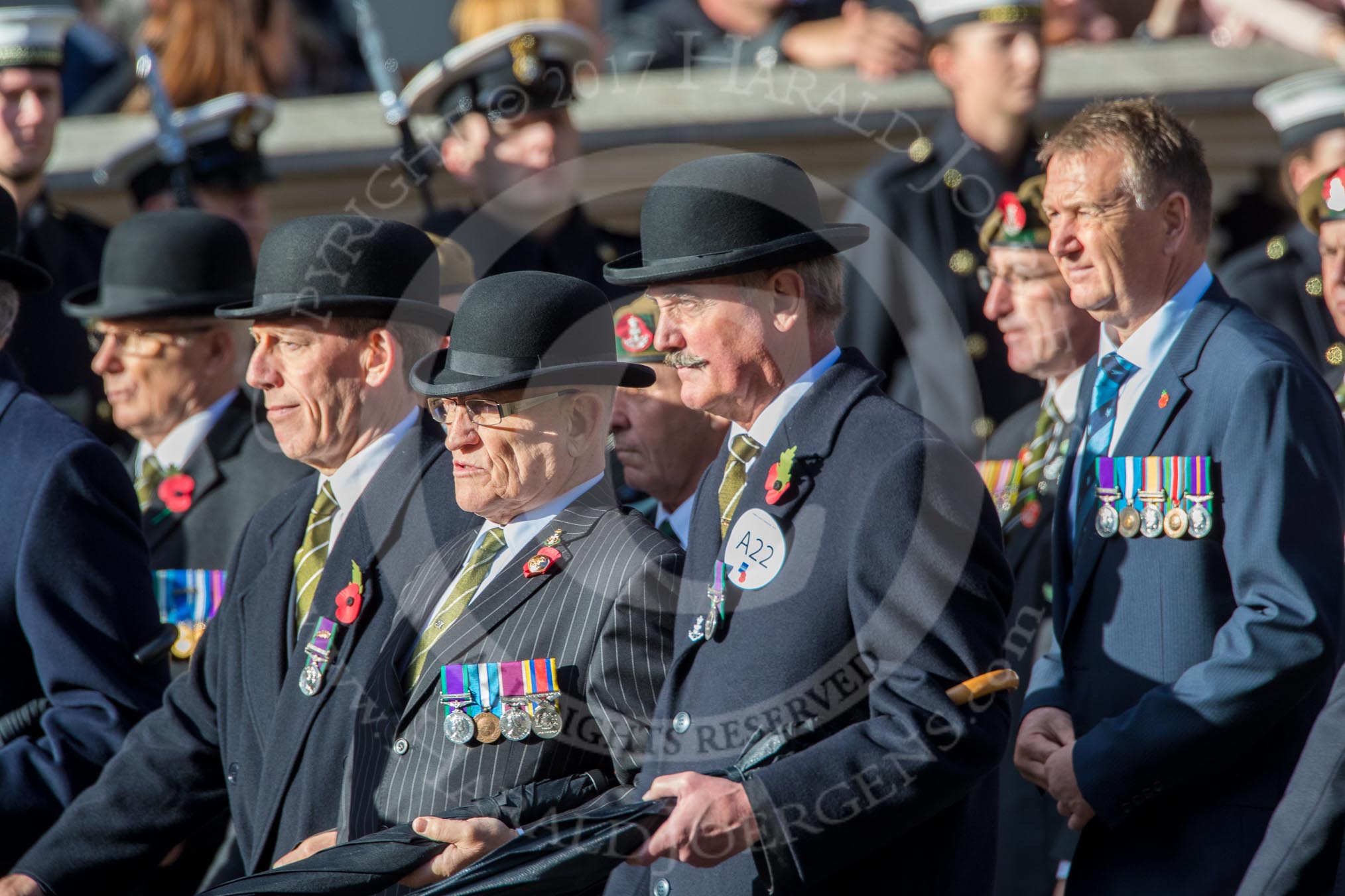 Green Howards Association (Group A22, 35 members) during the Royal British Legion March Past on Remembrance Sunday at the Cenotaph, Whitehall, Westminster, London, 11 November 2018, 11:59.