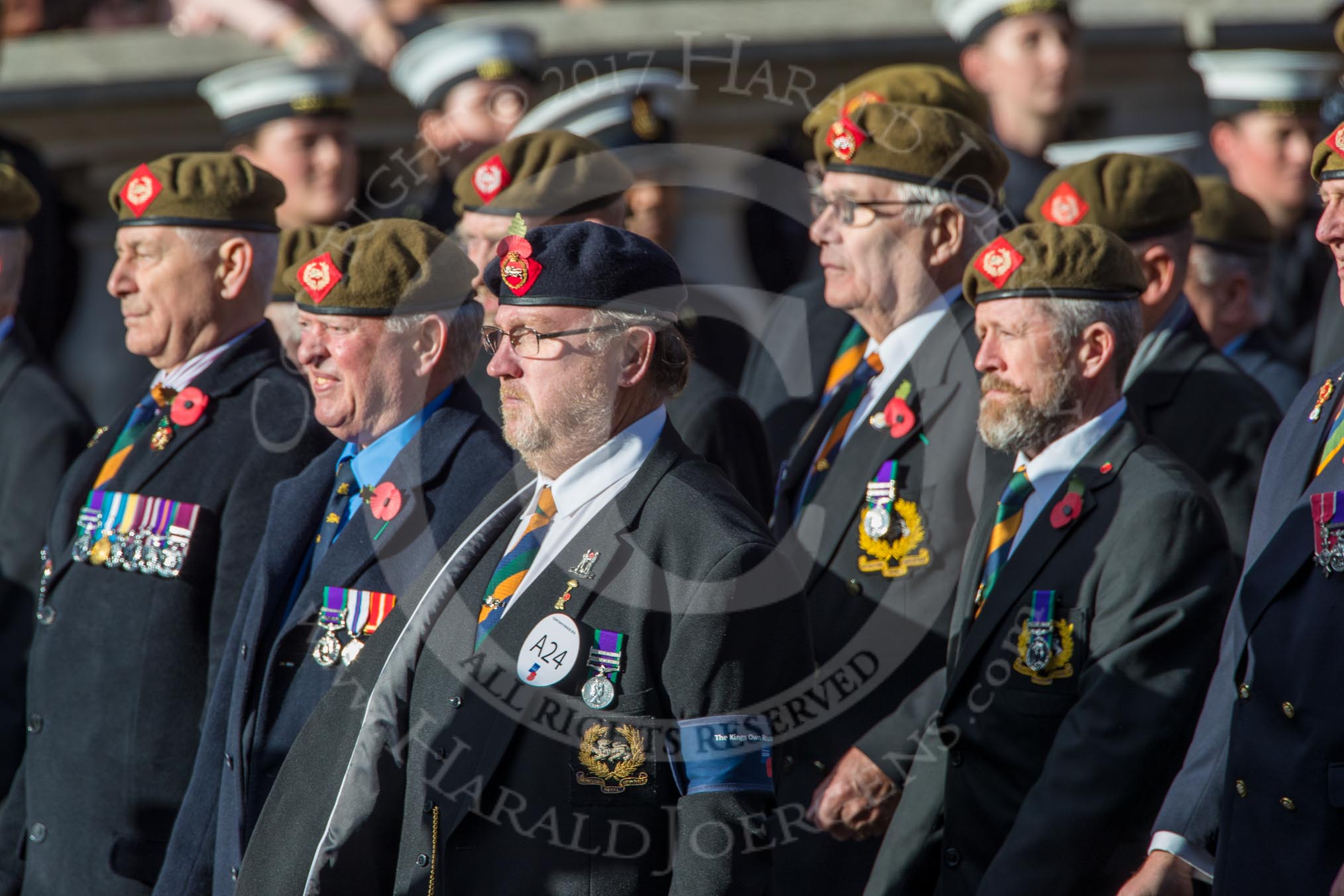 The King's Own Royal Border Regiment (Group A24, 80 members) during the Royal British Legion March Past on Remembrance Sunday at the Cenotaph, Whitehall, Westminster, London, 11 November 2018, 12:00.