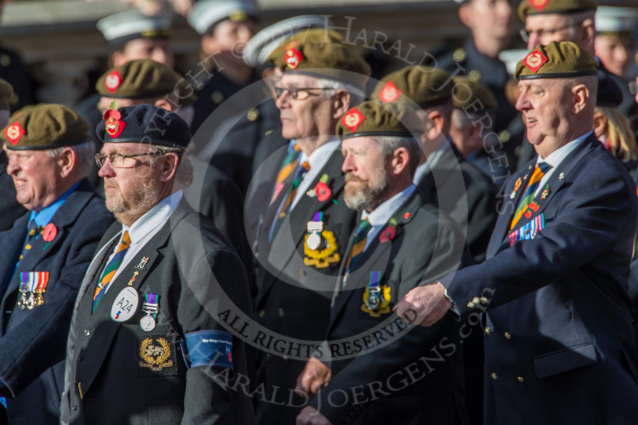 The King's Own Royal Border Regiment (Group A24, 80 members) during the Royal British Legion March Past on Remembrance Sunday at the Cenotaph, Whitehall, Westminster, London, 11 November 2018, 12:00.