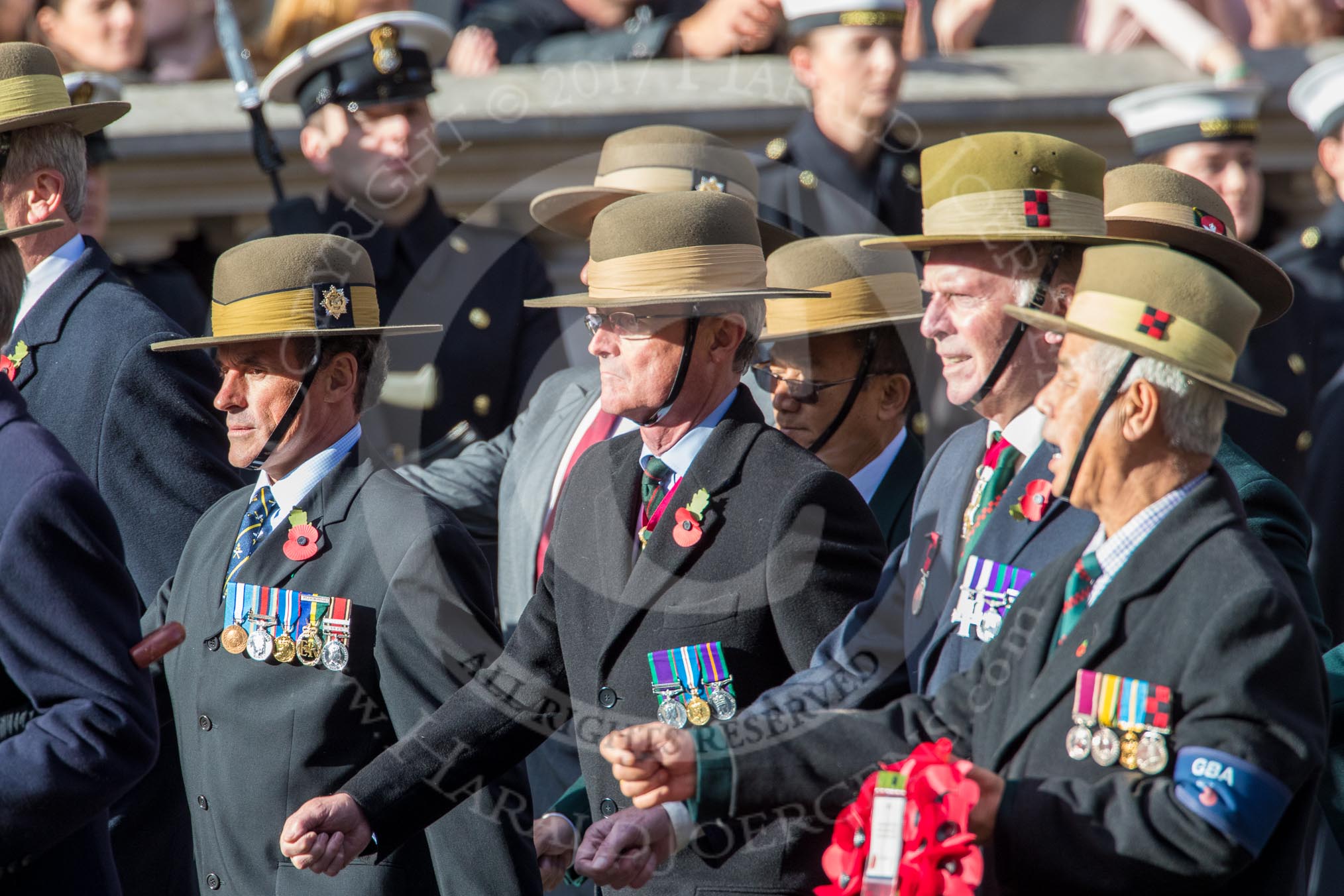 Gurkha Brigade Association (Group A25, 80 members) during the Royal British Legion March Past on Remembrance Sunday at the Cenotaph, Whitehall, Westminster, London, 11 November 2018, 12:00.