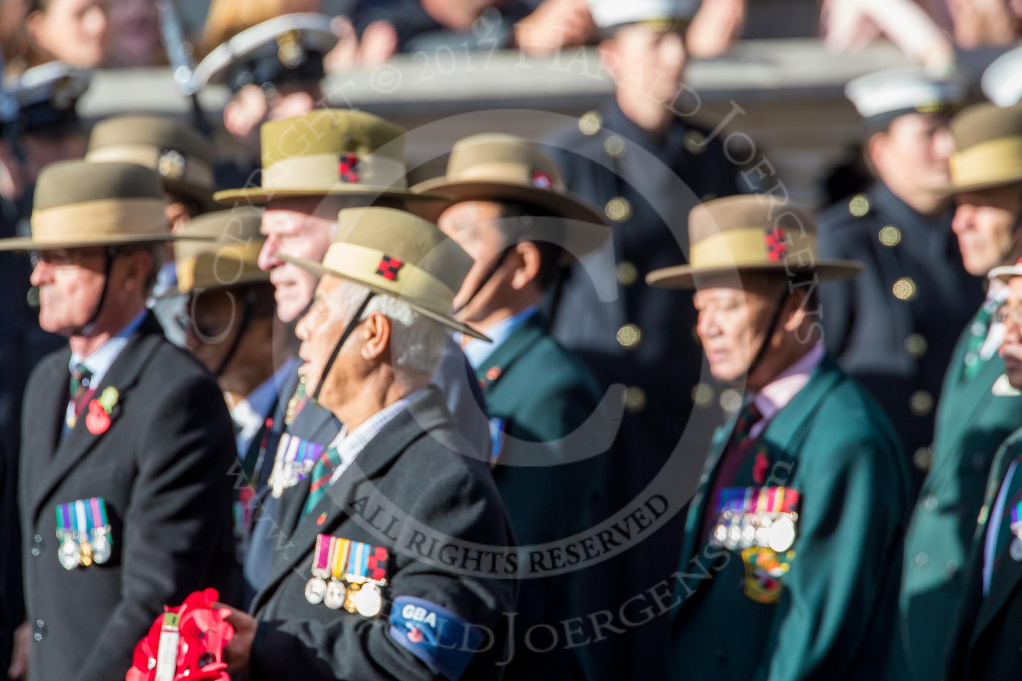 Gurkha Brigade Association (Group A25, 80 members) during the Royal British Legion March Past on Remembrance Sunday at the Cenotaph, Whitehall, Westminster, London, 11 November 2018, 12:00.