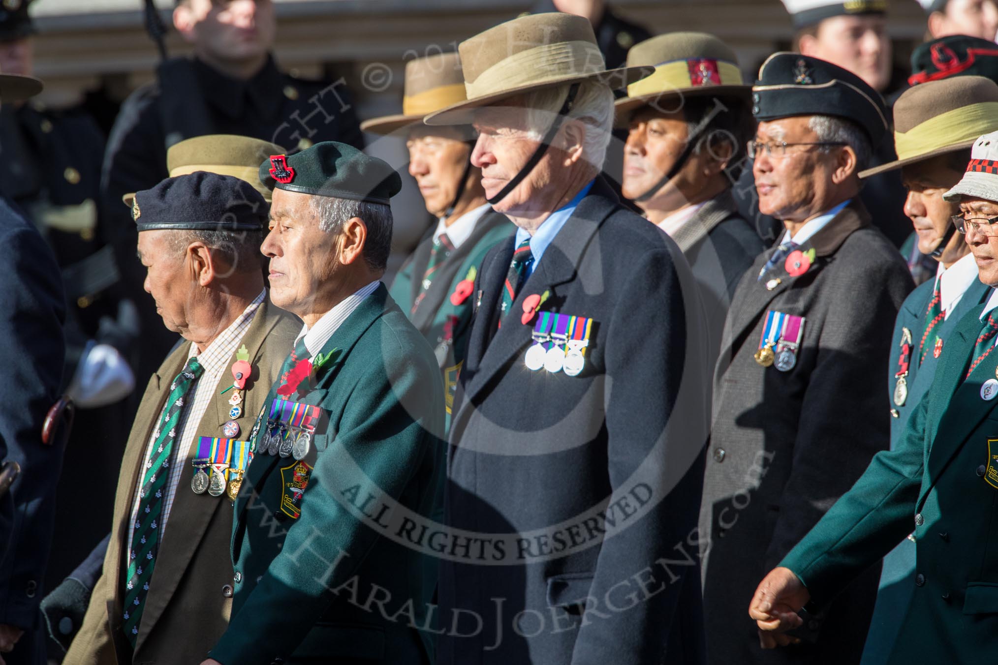 Gurkha Brigade Association (Group A25, 80 members) during the Royal British Legion March Past on Remembrance Sunday at the Cenotaph, Whitehall, Westminster, London, 11 November 2018, 12:00.
