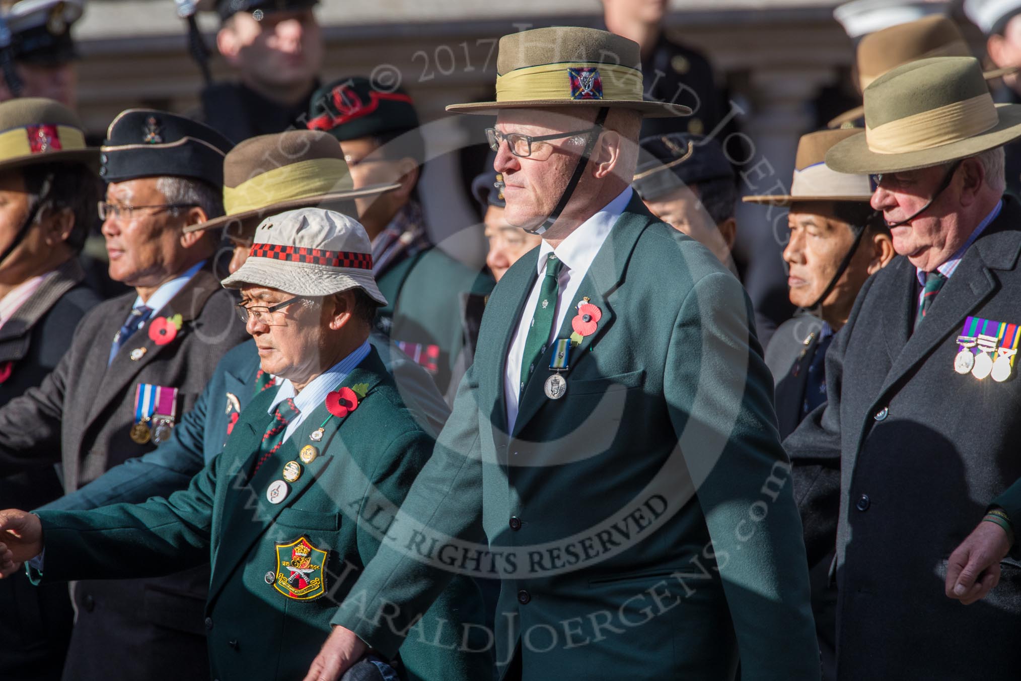 Gurkha Brigade Association (Group A25, 80 members) during the Royal British Legion March Past on Remembrance Sunday at the Cenotaph, Whitehall, Westminster, London, 11 November 2018, 12:00.