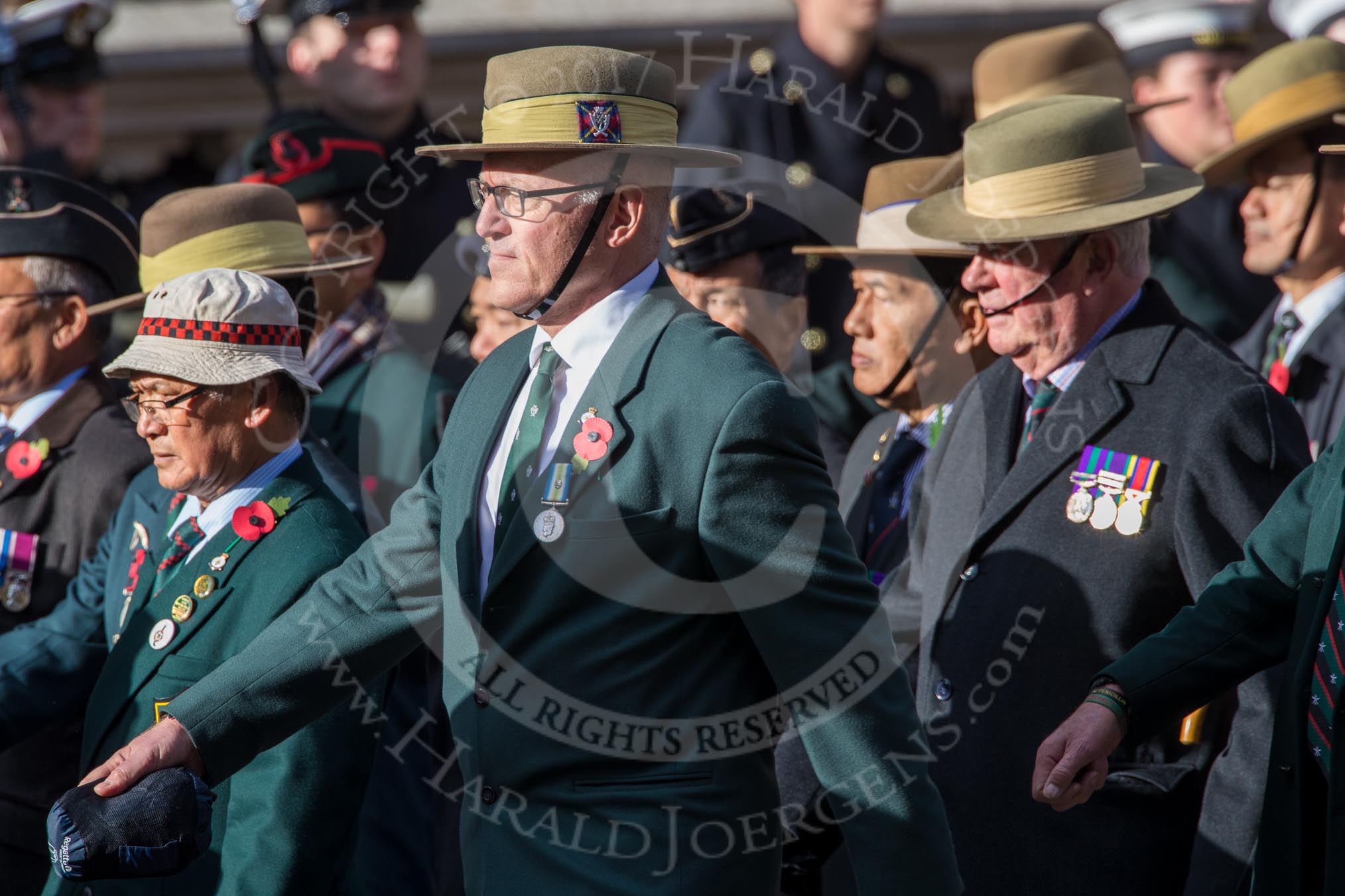 Gurkha Brigade Association (Group A25, 80 members) during the Royal British Legion March Past on Remembrance Sunday at the Cenotaph, Whitehall, Westminster, London, 11 November 2018, 12:00.