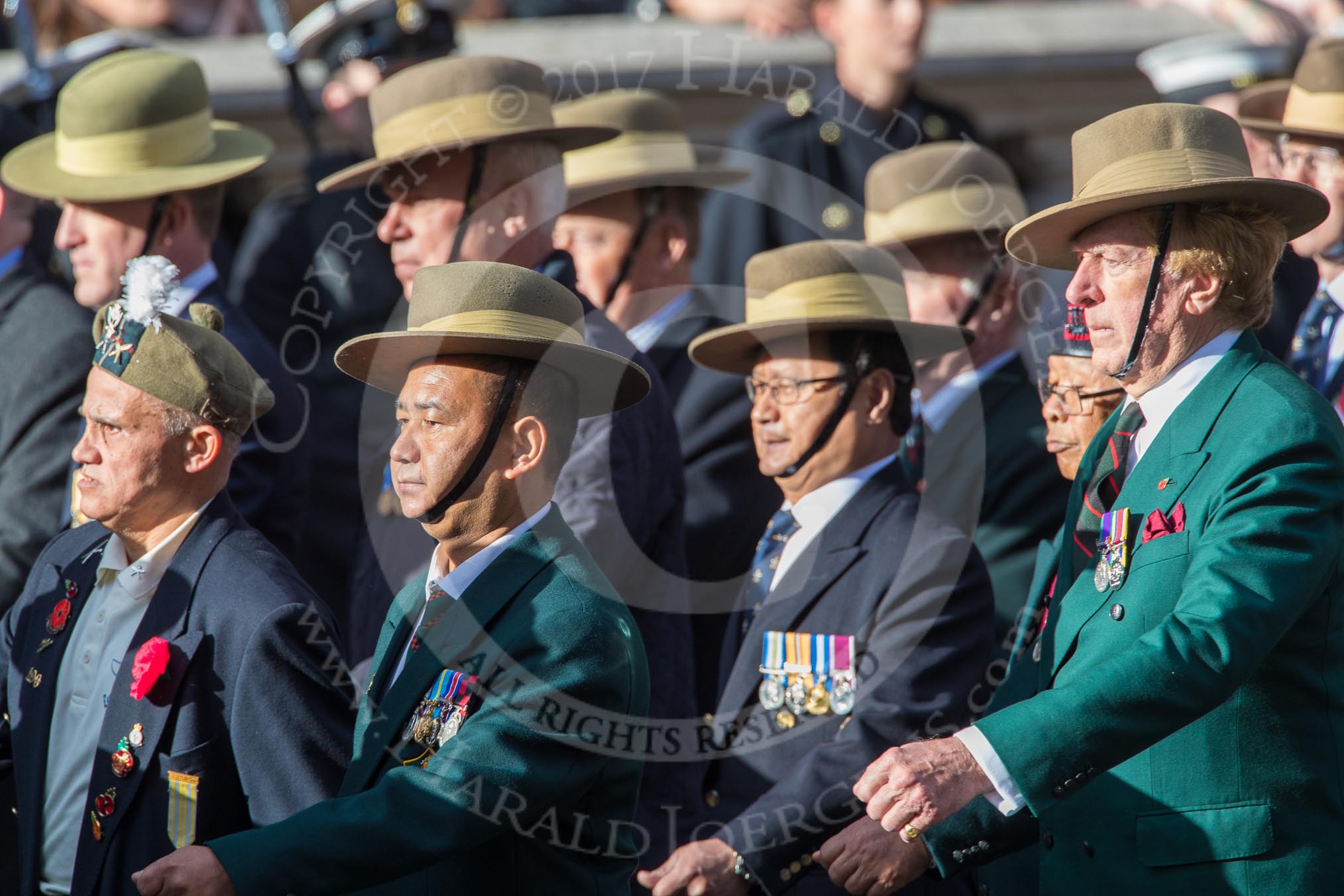 Gurkha Brigade Association (Group A25, 80 members) during the Royal British Legion March Past on Remembrance Sunday at the Cenotaph, Whitehall, Westminster, London, 11 November 2018, 12:00.