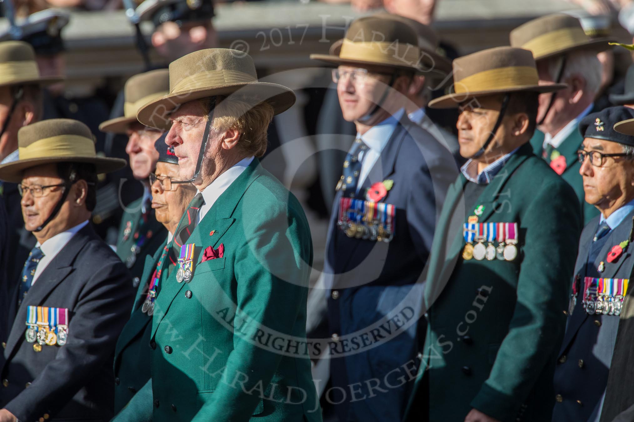 Gurkha Brigade Association (Group A25, 80 members) during the Royal British Legion March Past on Remembrance Sunday at the Cenotaph, Whitehall, Westminster, London, 11 November 2018, 12:00.