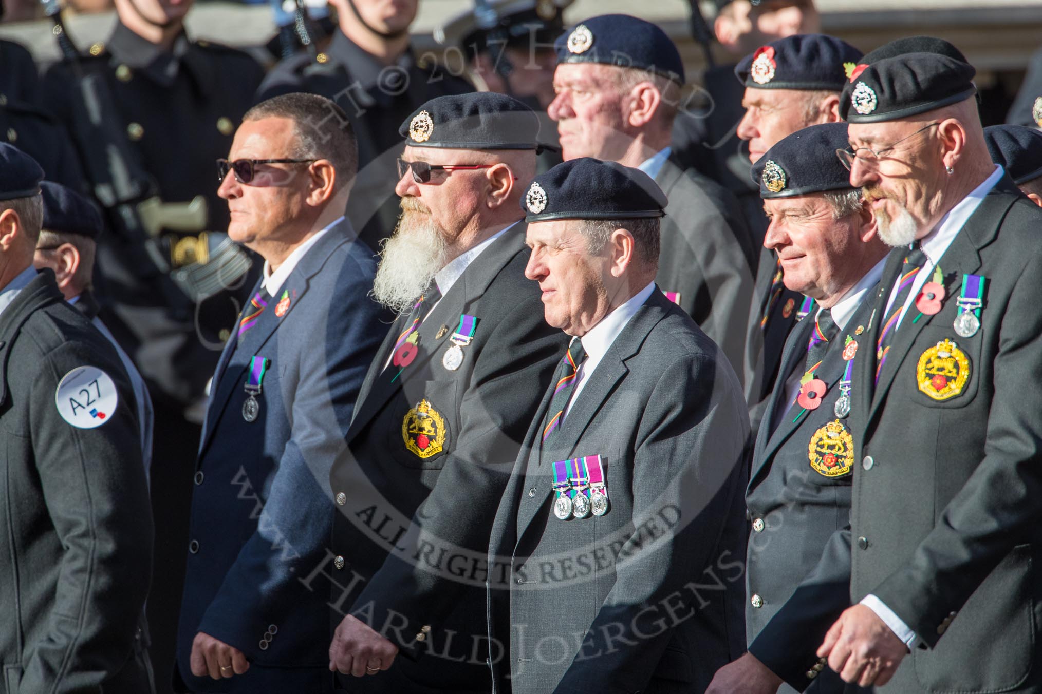 The Royal Hampshire Regimental Association (Group A27, 51 members) during the Royal British Legion March Past on Remembrance Sunday at the Cenotaph, Whitehall, Westminster, London, 11 November 2018, 12:01.