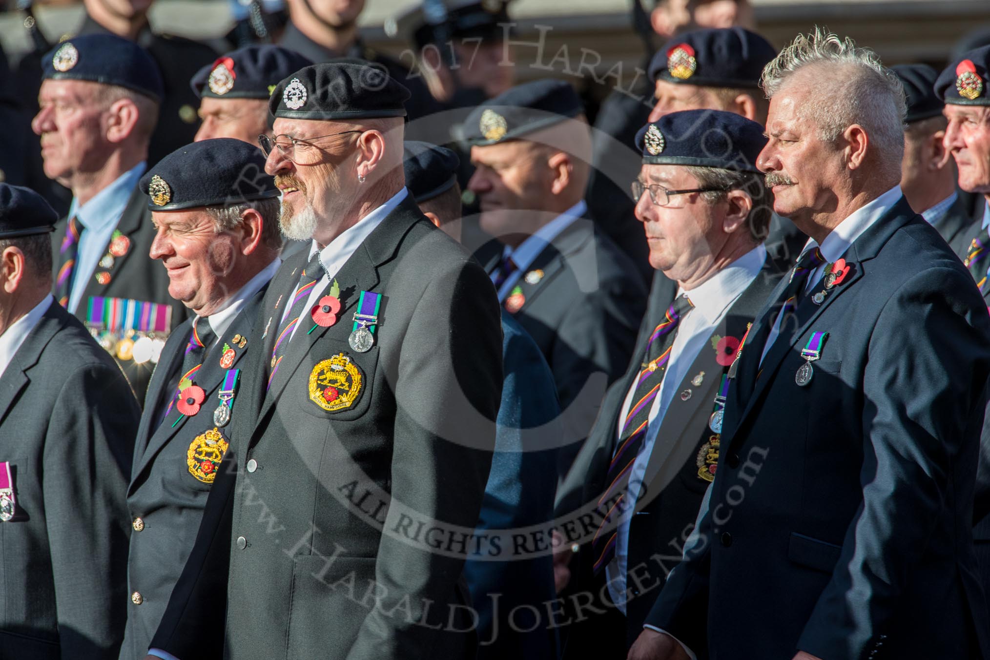 The Royal Hampshire Regimental Association (Group A27, 51 members) during the Royal British Legion March Past on Remembrance Sunday at the Cenotaph, Whitehall, Westminster, London, 11 November 2018, 12:01.