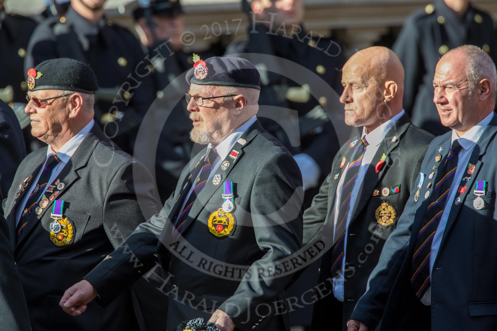 The Royal Hampshire Regimental Association (Group A27, 51 members) during the Royal British Legion March Past on Remembrance Sunday at the Cenotaph, Whitehall, Westminster, London, 11 November 2018, 12:01.