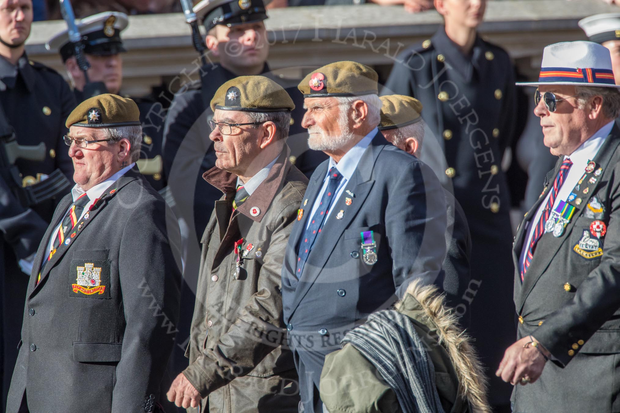 The Royal Anglian Regiment (Group A28, 21 members) during the Royal British Legion March Past on Remembrance Sunday at the Cenotaph, Whitehall, Westminster, London, 11 November 2018, 12:01.