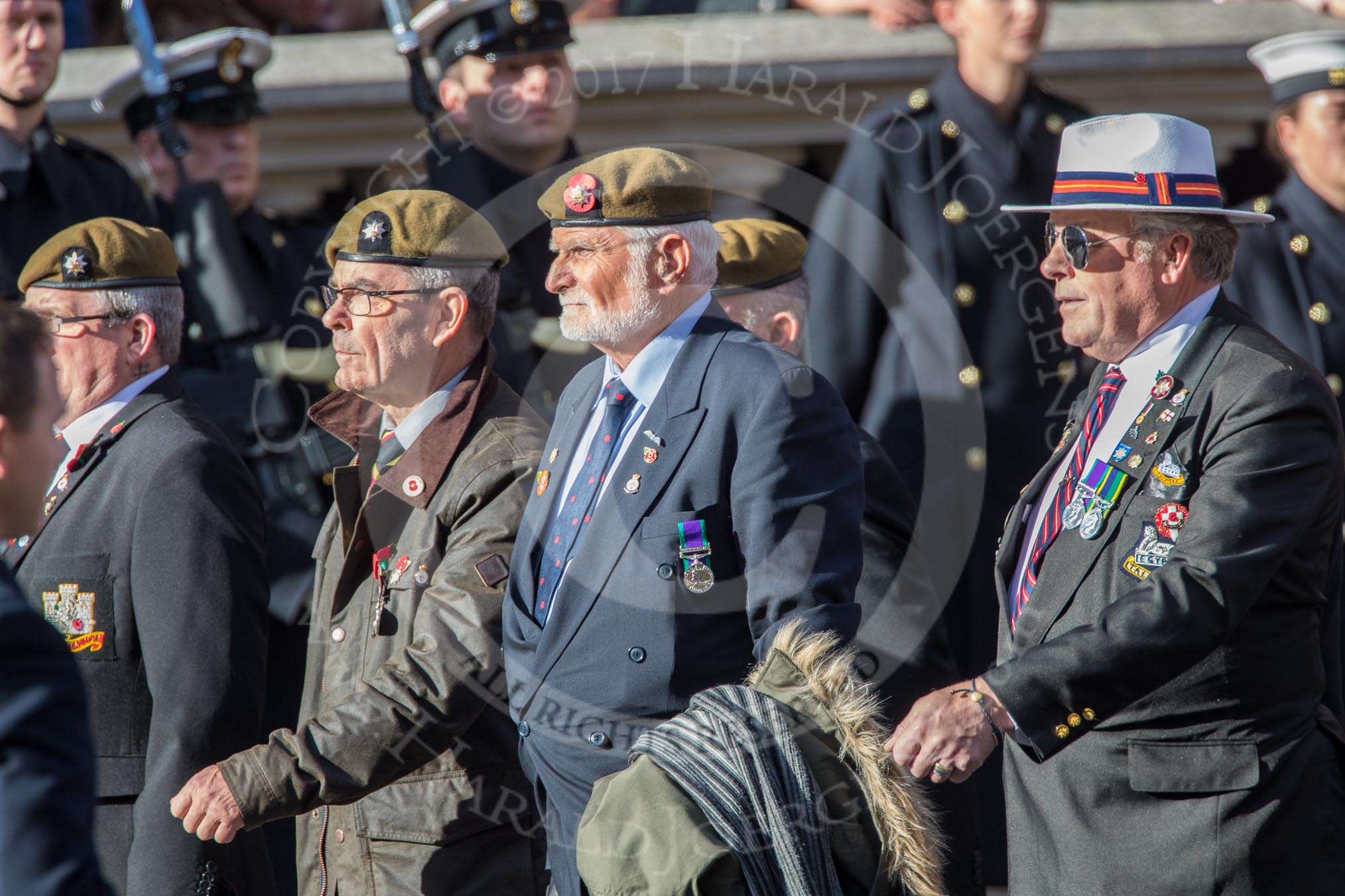 The Royal Anglian Regiment (Group A28, 21 members) during the Royal British Legion March Past on Remembrance Sunday at the Cenotaph, Whitehall, Westminster, London, 11 November 2018, 12:01.