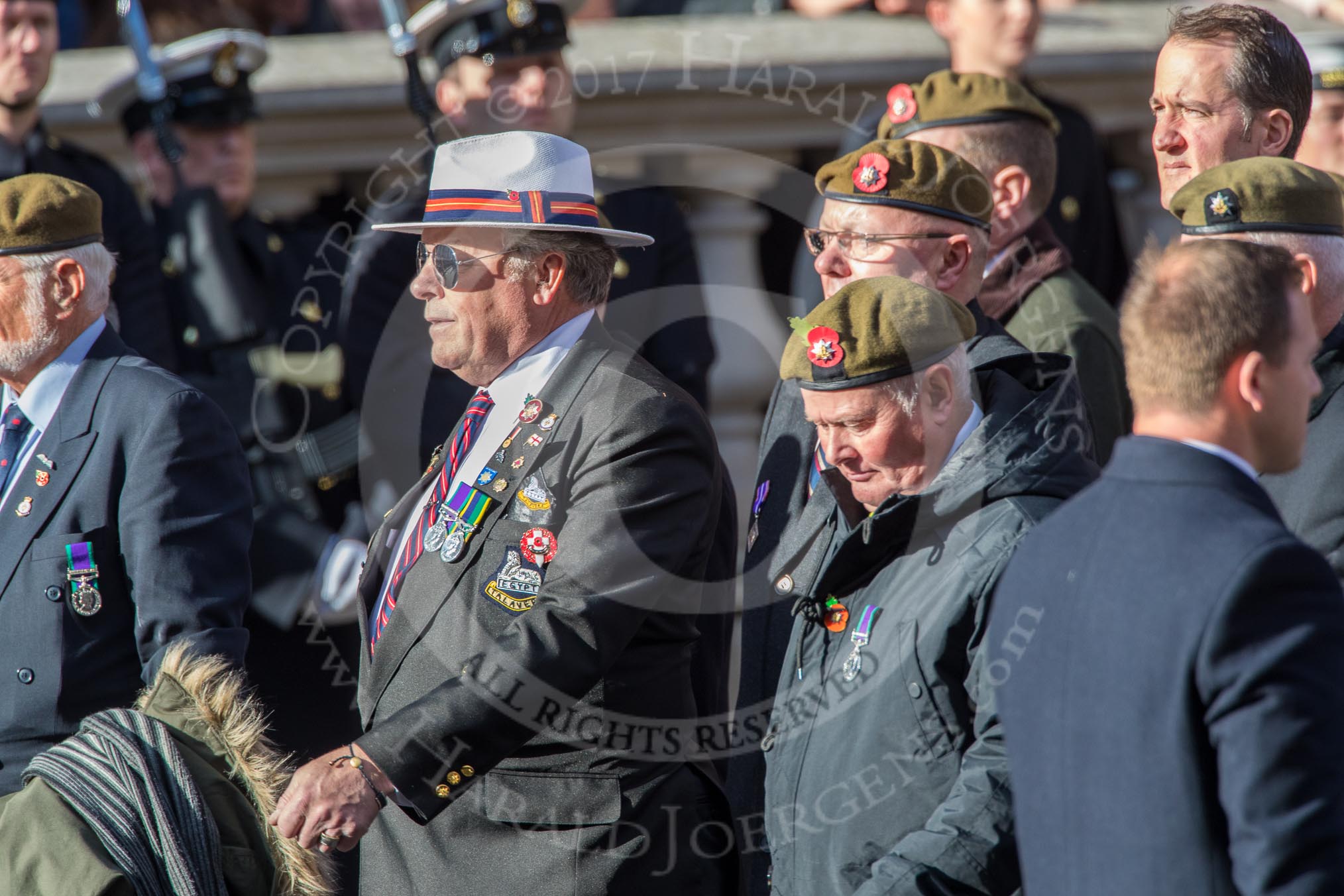 The Royal Anglian Regiment (Group A28, 21 members) during the Royal British Legion March Past on Remembrance Sunday at the Cenotaph, Whitehall, Westminster, London, 11 November 2018, 12:01.